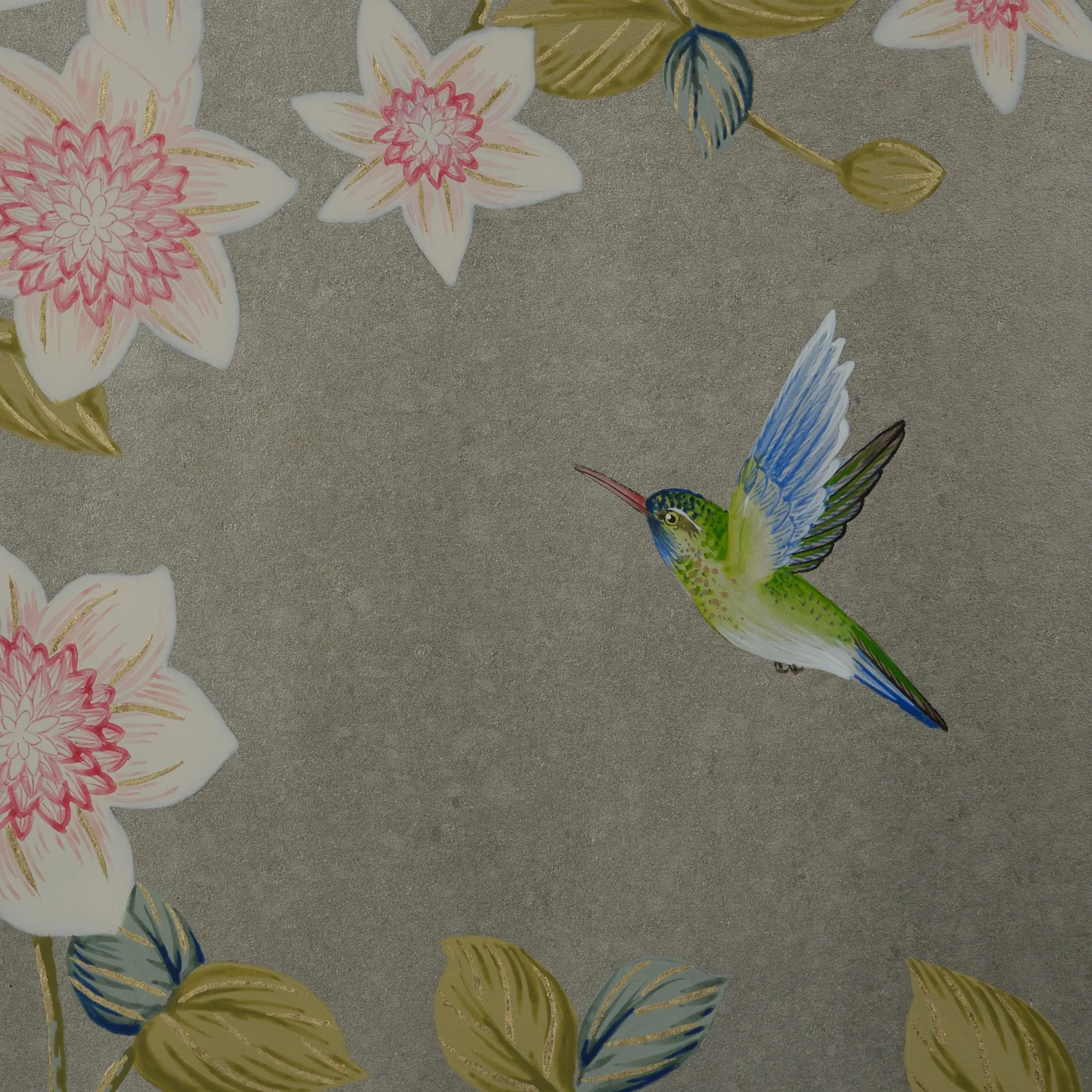 Clematis in Bloom Chinoiserie hand-painted wallcovering in Pewter Leaf — vivid blooms and hummingbirds luminous over a pewter leaf ground by Stang Design.