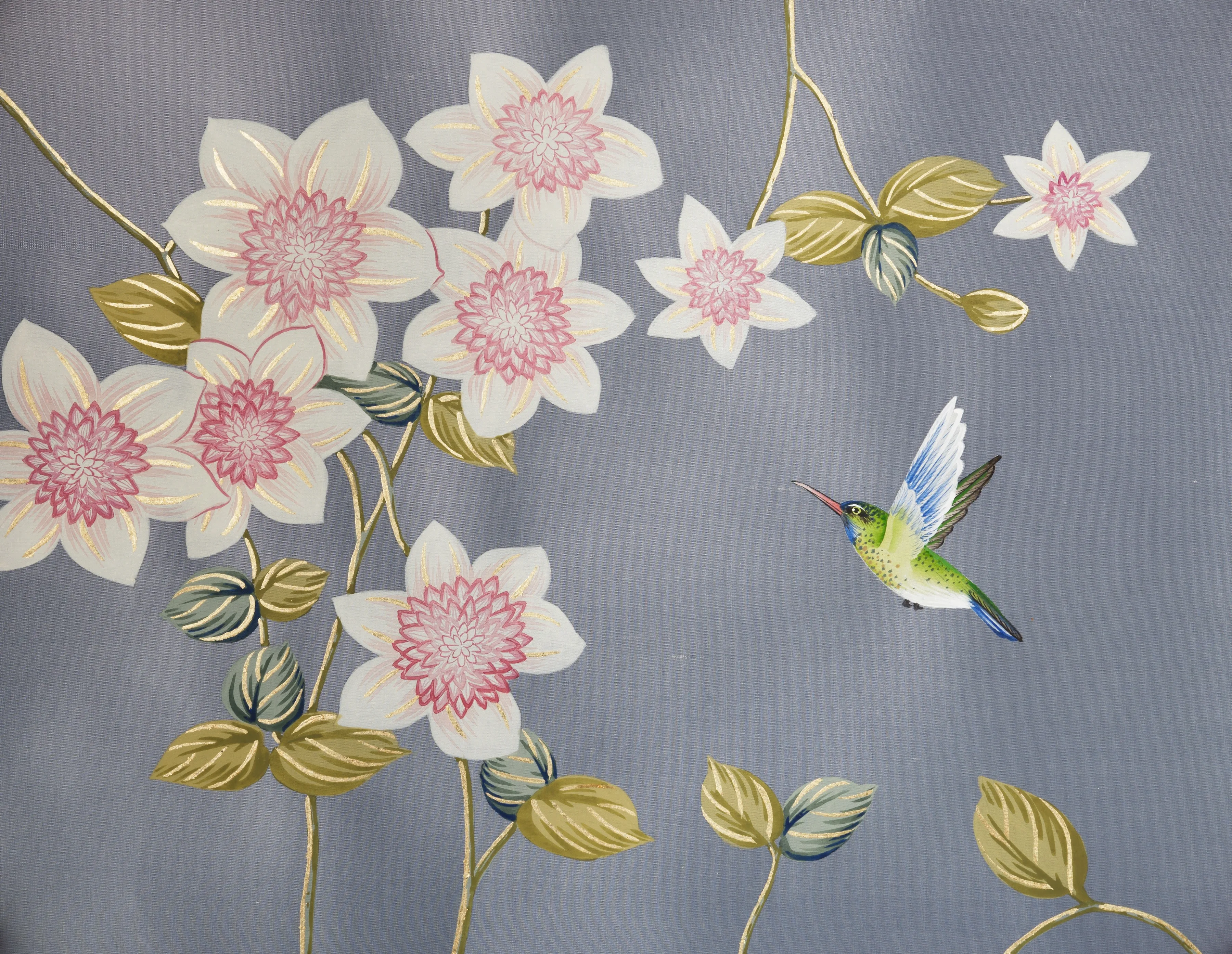 Clematis in Bloom Chinoiserie hand-painted wallpaper in Chambray by Stang Design.