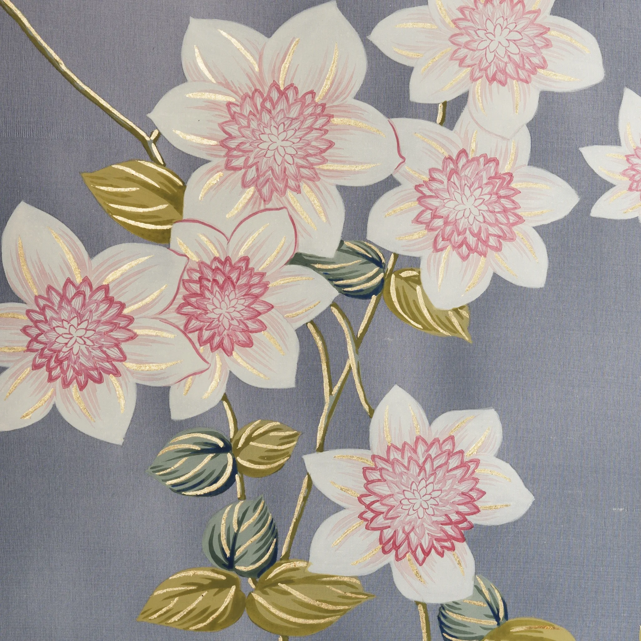 Detail of Clematis in Bloom Chinoiserie hand-painted wallcovering in Chambray showing floral motifs and embroidered hummingbirds by Stang Design.
