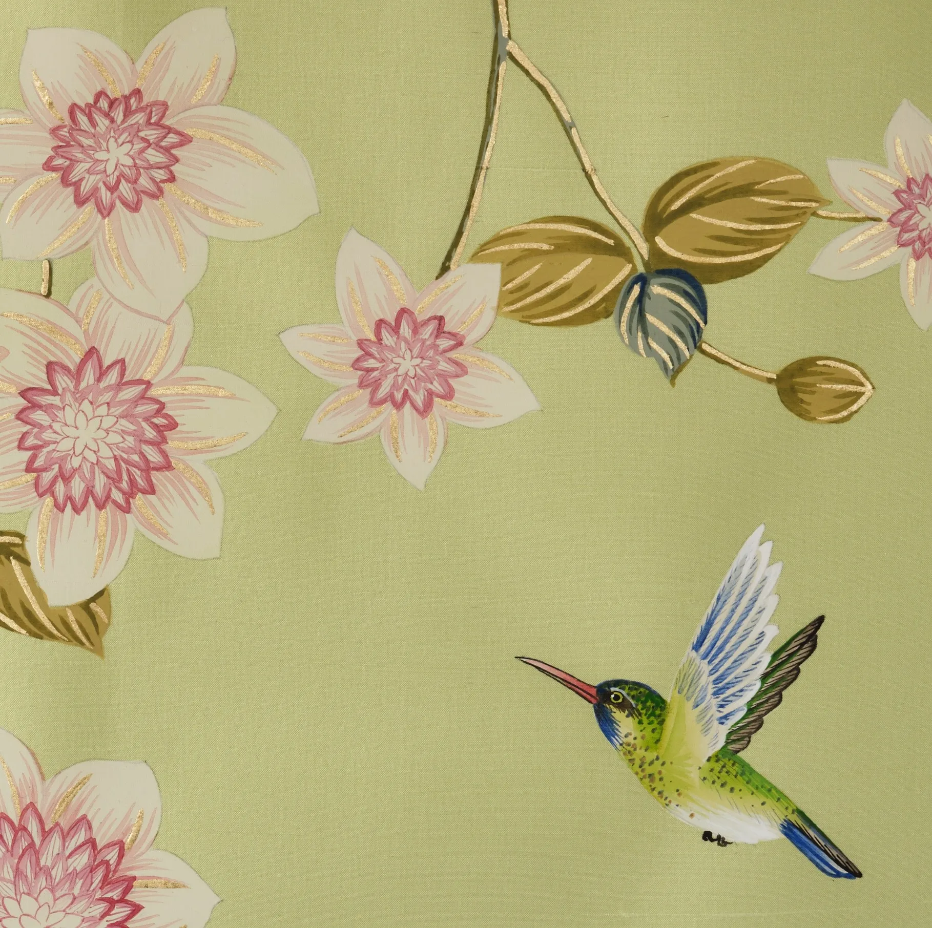 Clematis in Bloom Chinoiserie hand-painted wallcovering in Celery — clematis vines and fuchsia blooms in fresh celery-green tones by Stang Design.
