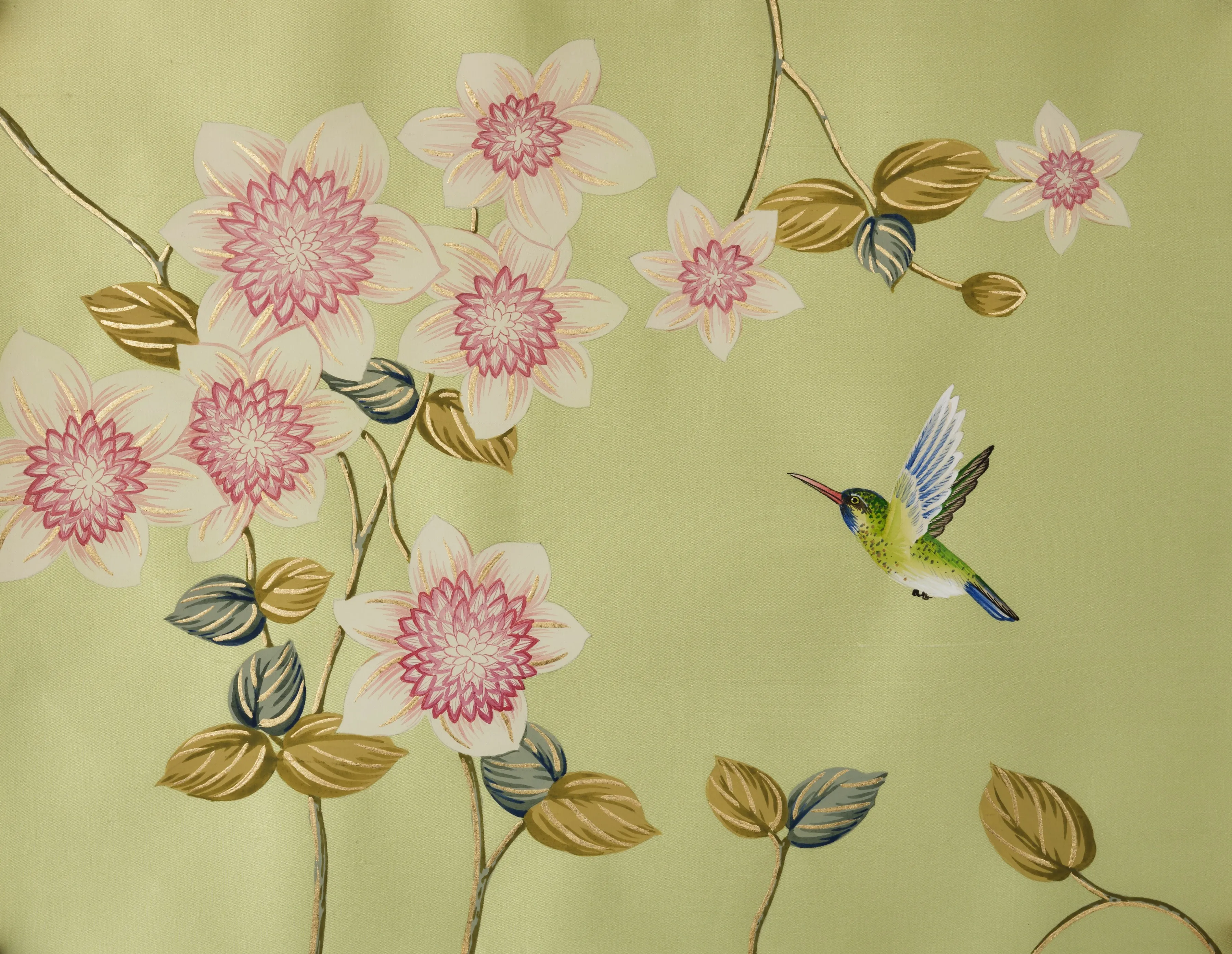 Clematis in Bloom Chinoiserie hand-painted wallpaper in Celery by Stang Design.