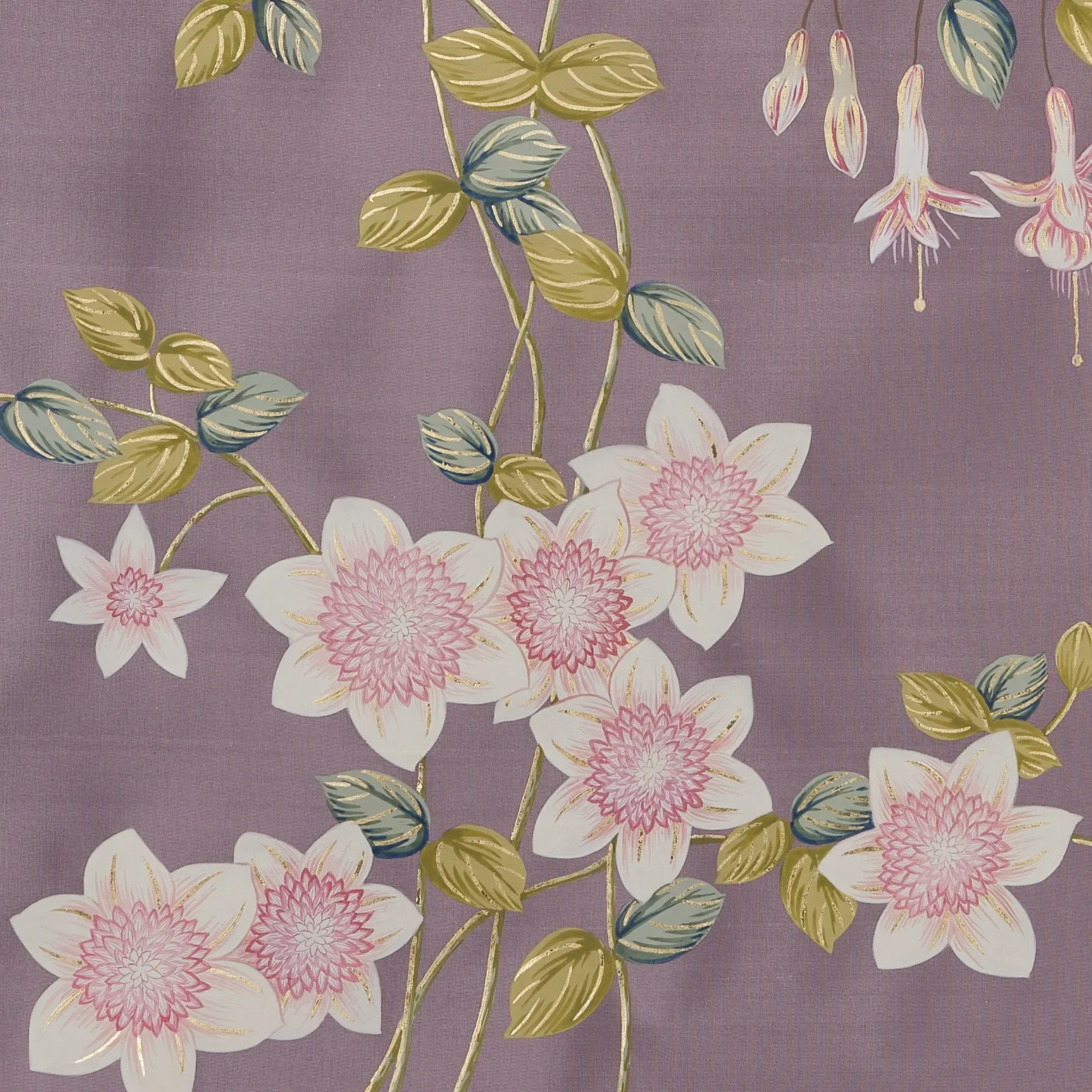 Detail of Clematis in Bloom Chinoiserie hand-painted wallcovering in Amethyst showing vivid purple vines and fuchsia blooms.