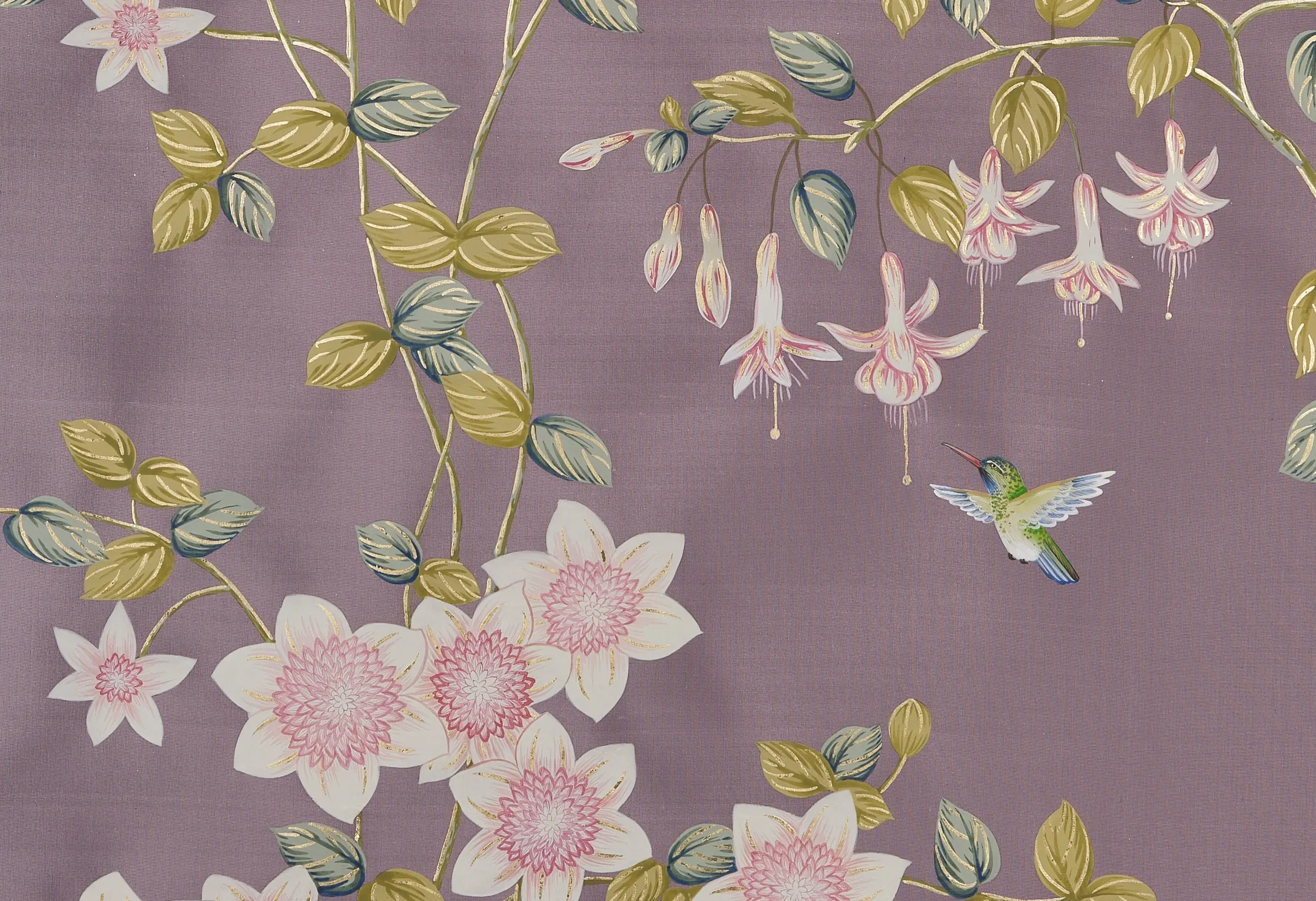 Close-up of Clematis in Bloom Chinoiserie hand-painted wallcovering in Amethyst — intricate vine and bloom detail on silk by Stang Design.