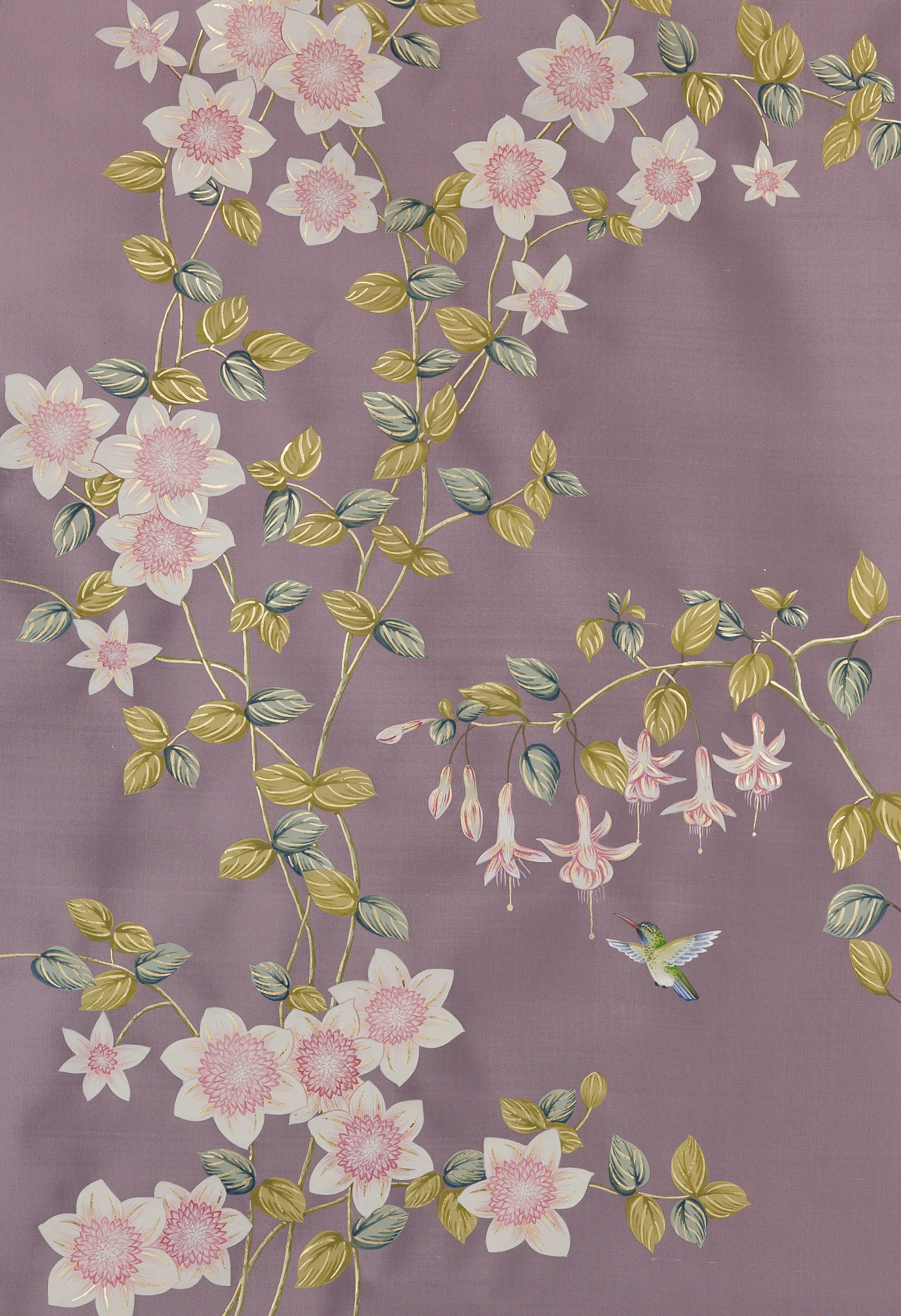 Clematis in Bloom Chinoiserie hand-painted wallpaper in Amethyst by Stang Design.