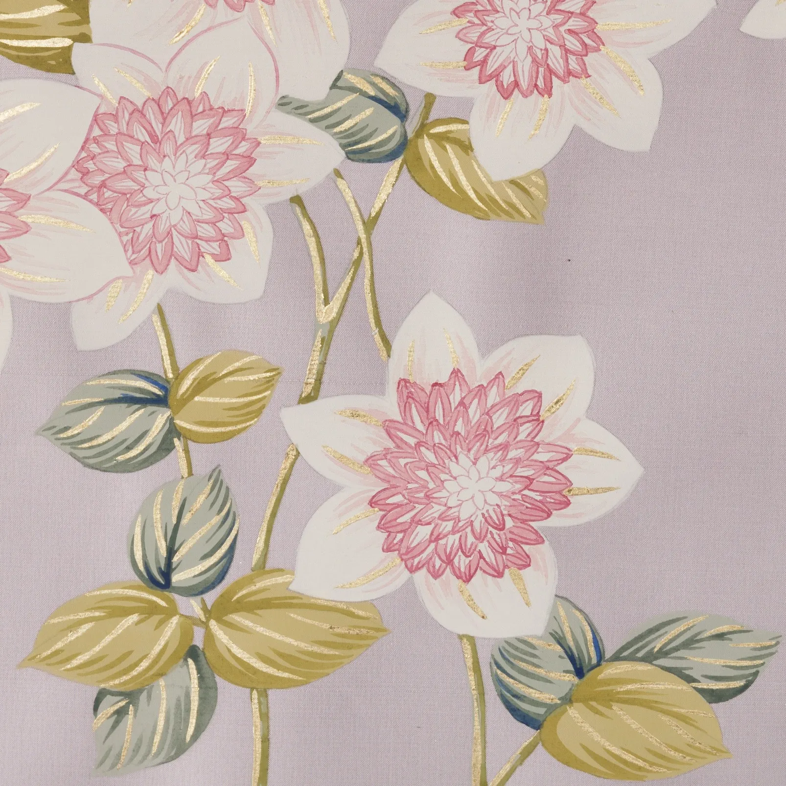 Clematis in Bloom Chinoiserie hand-painted wallcovering in Wistful — fuchsia blooms and clematis on a soft, dreamy ground by Stang Design.