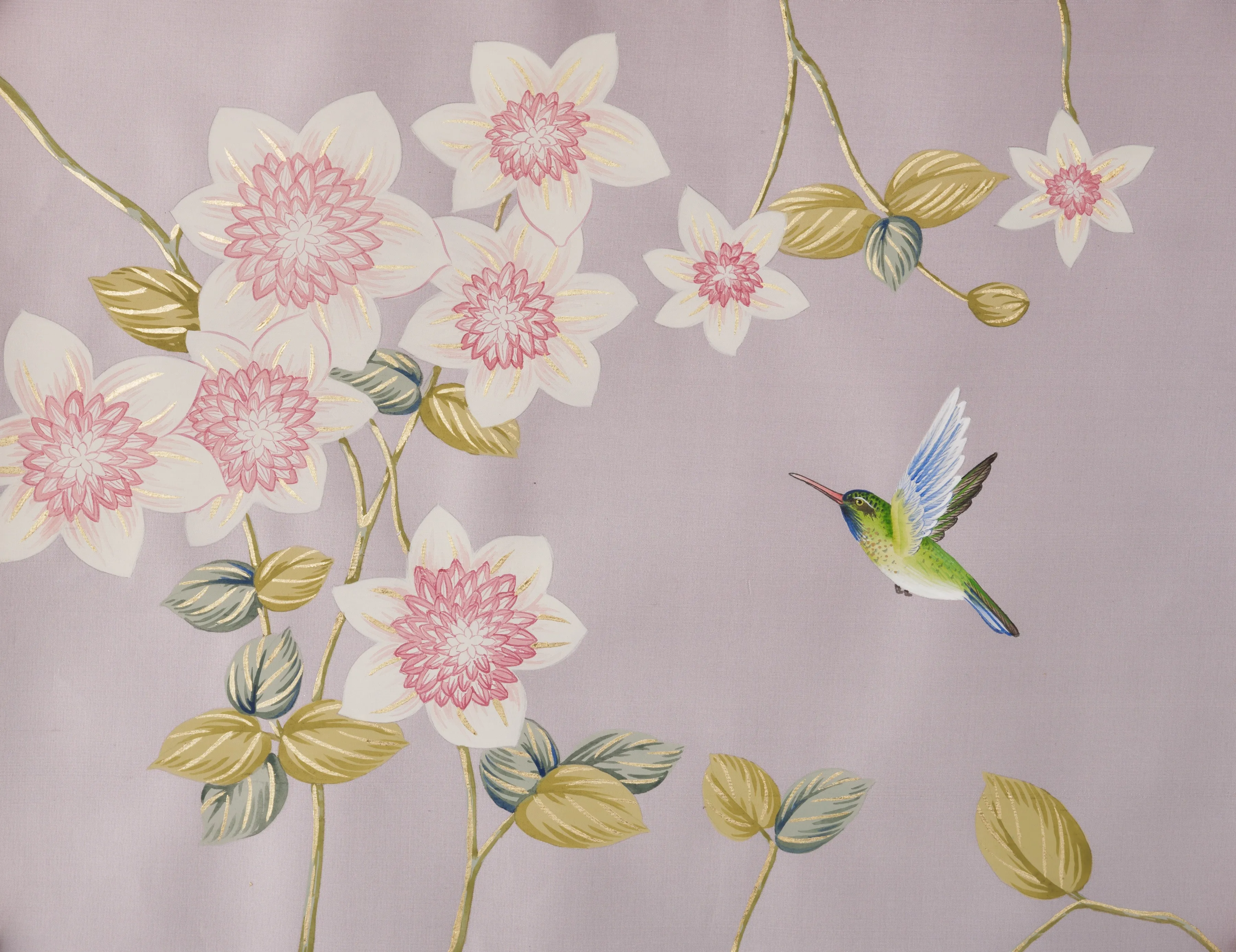 Clematis in Bloom Chinoiserie hand-painted wallpaper in Wistful by Stang Design.