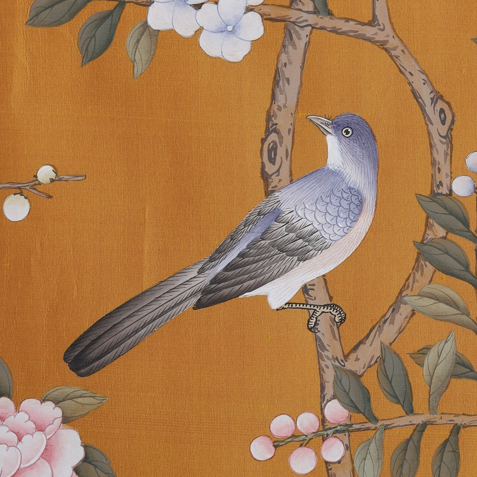 Enchanted Garden Chinoiserie hand-painted wallcovering in Saffron — warm golden tones with hand-painted floral and bird motifs by Stang Design.