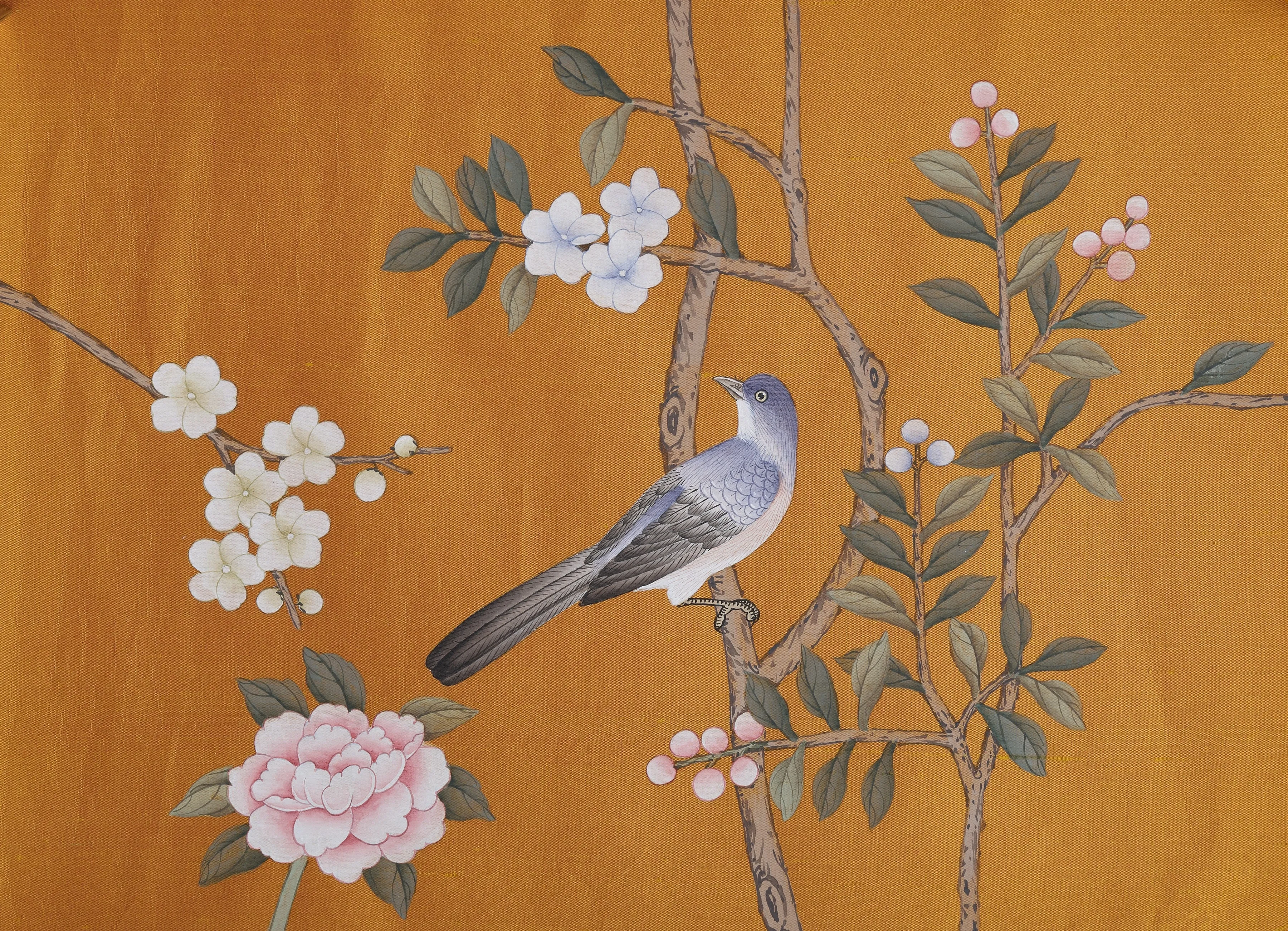 Enchanted Garden Chinoiserie hand-painted wallpaper in Saffron by Stang Design.