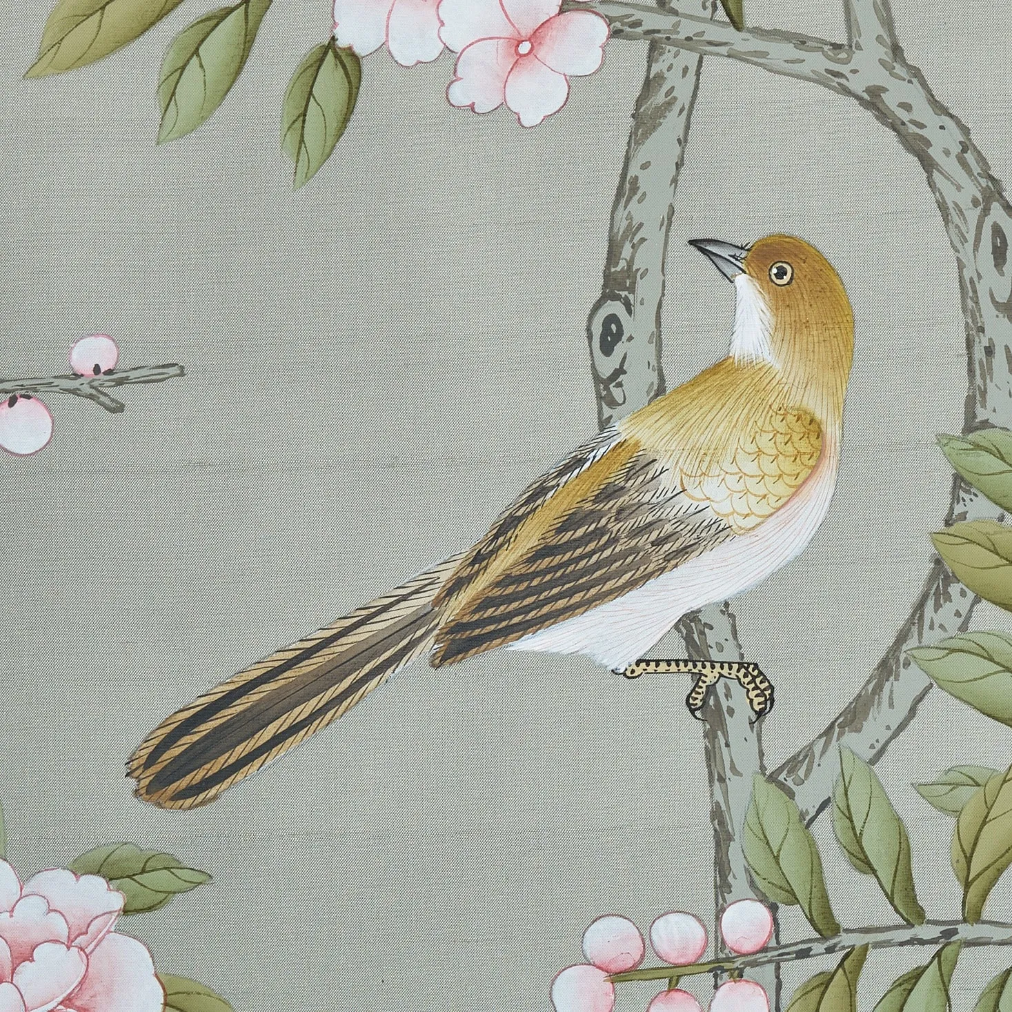 Close-up of Enchanted Garden Chinoiserie hand-painted wallcovering in Celadon — botanical motifs rendered in delicate green tones by Stang Design.