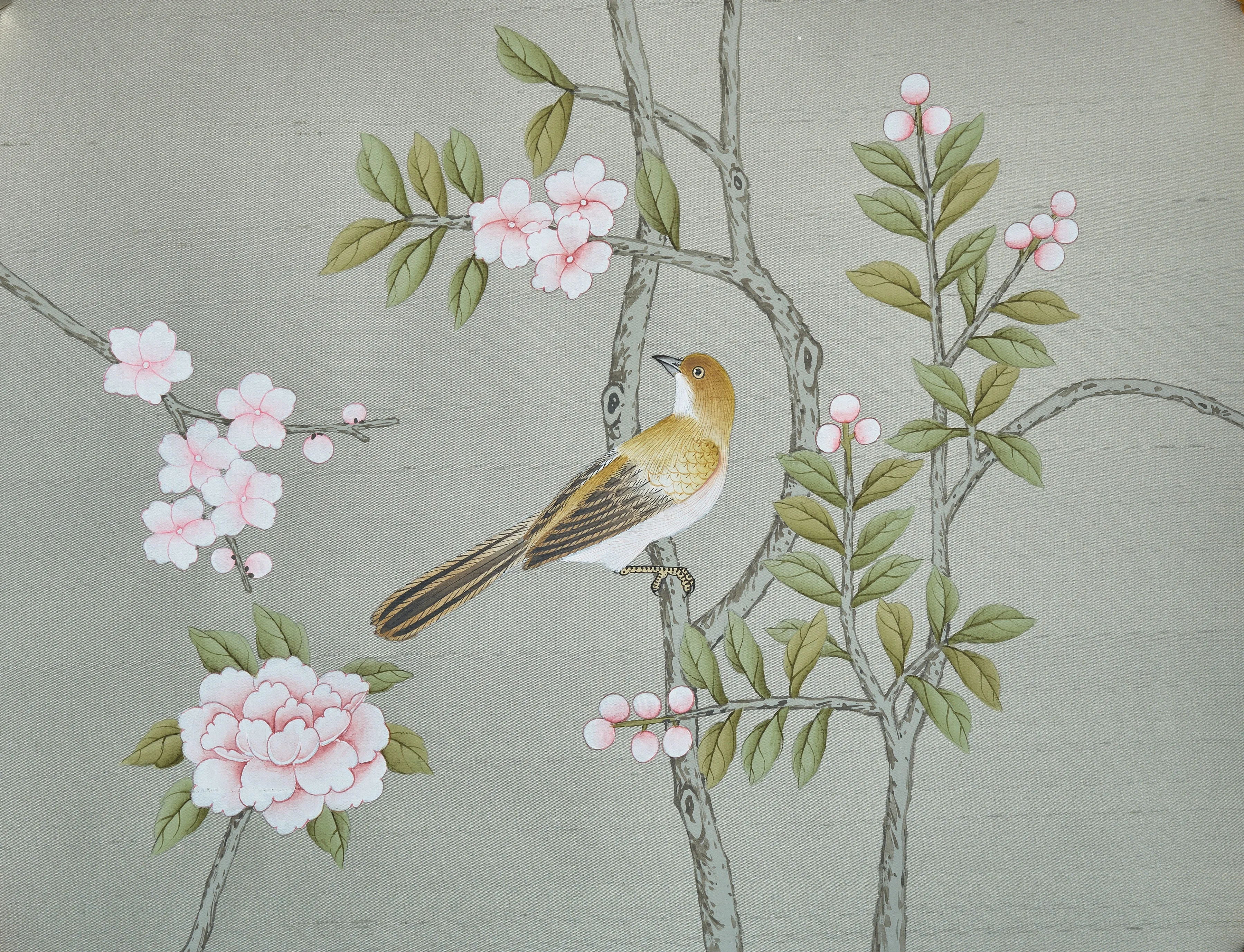 Enchanted Garden Chinoiserie hand-painted wallpaper in Celadon by Stang Design.