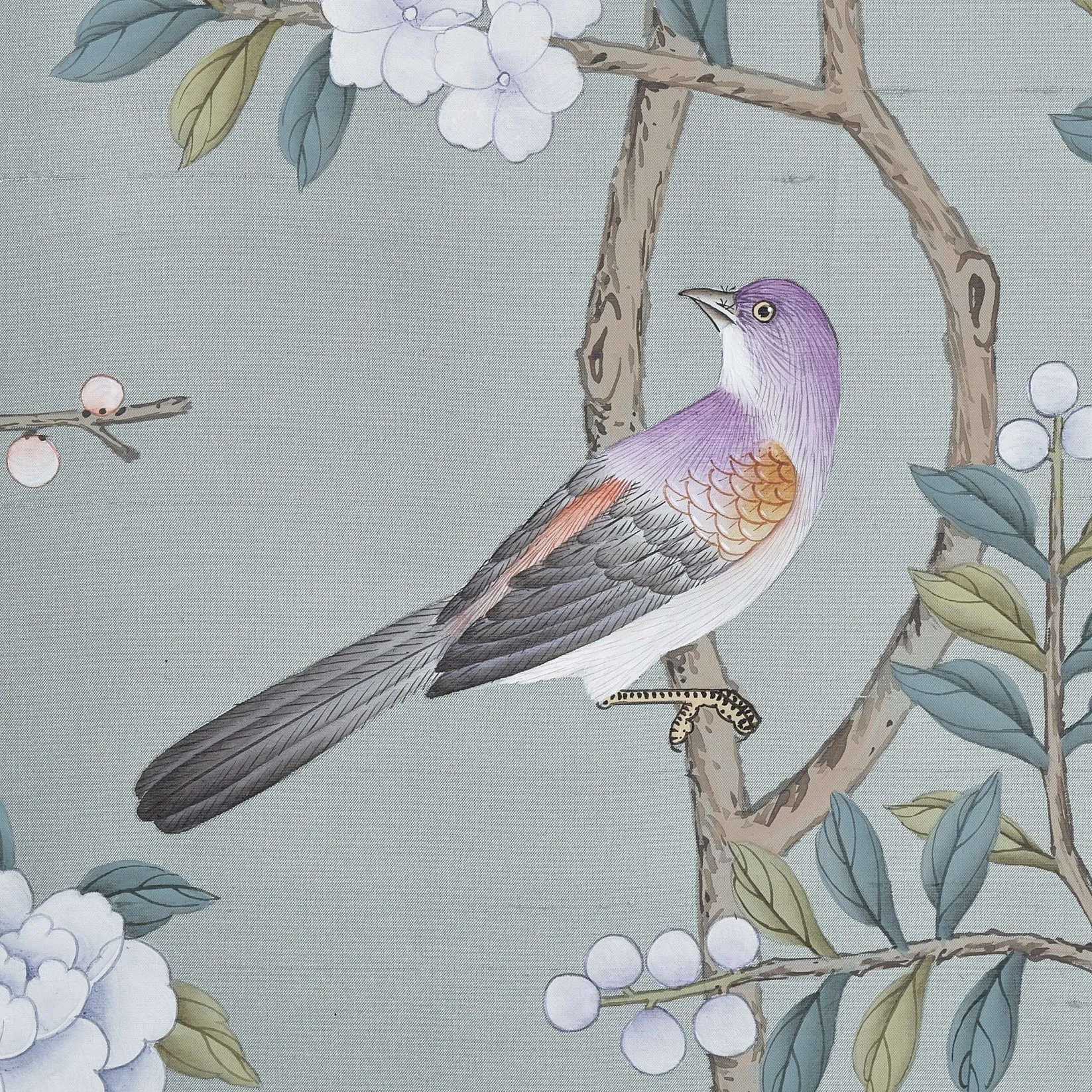 Enchanted Garden Chinoiserie hand-painted wallcovering in Robin's Egg, featuring butterflies and flowering boughs in cool blue tones by Stang Design.