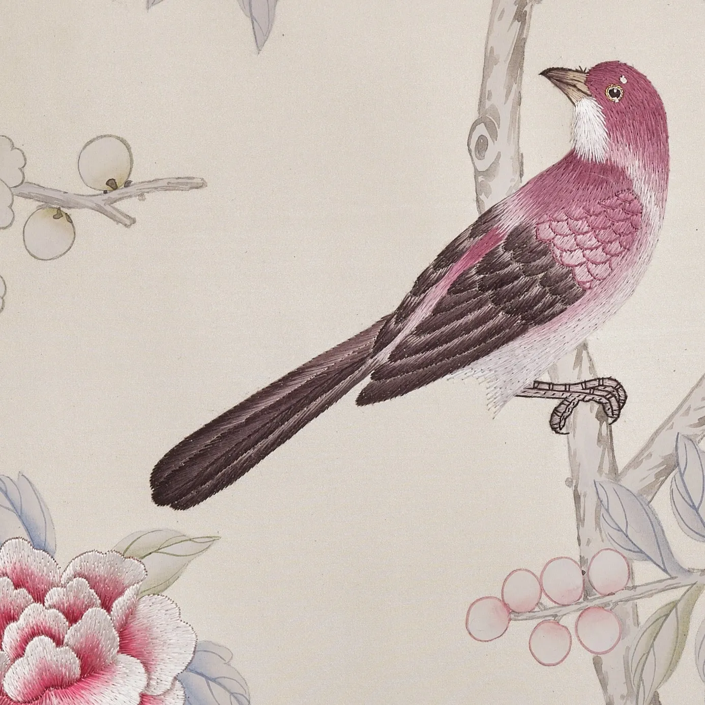 Enchanted Garden Chinoiserie hand-painted wallcovering in Snowflake, featuring embroidered butterflies on an ivory silk ground by Stang Design.