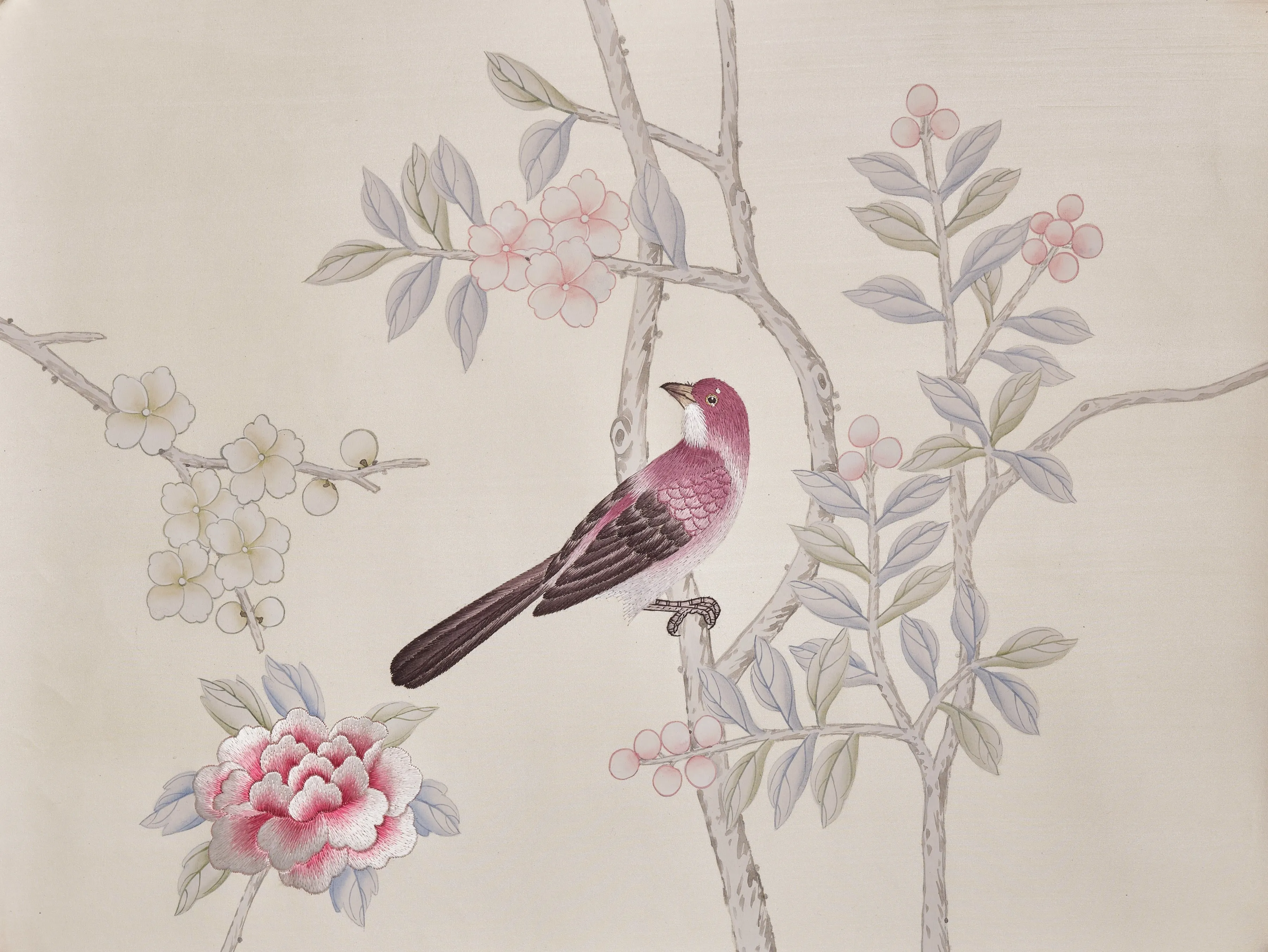 Enchanted Garden Chinoiserie hand-painted wallpaper in Snowflake by Stang Design.