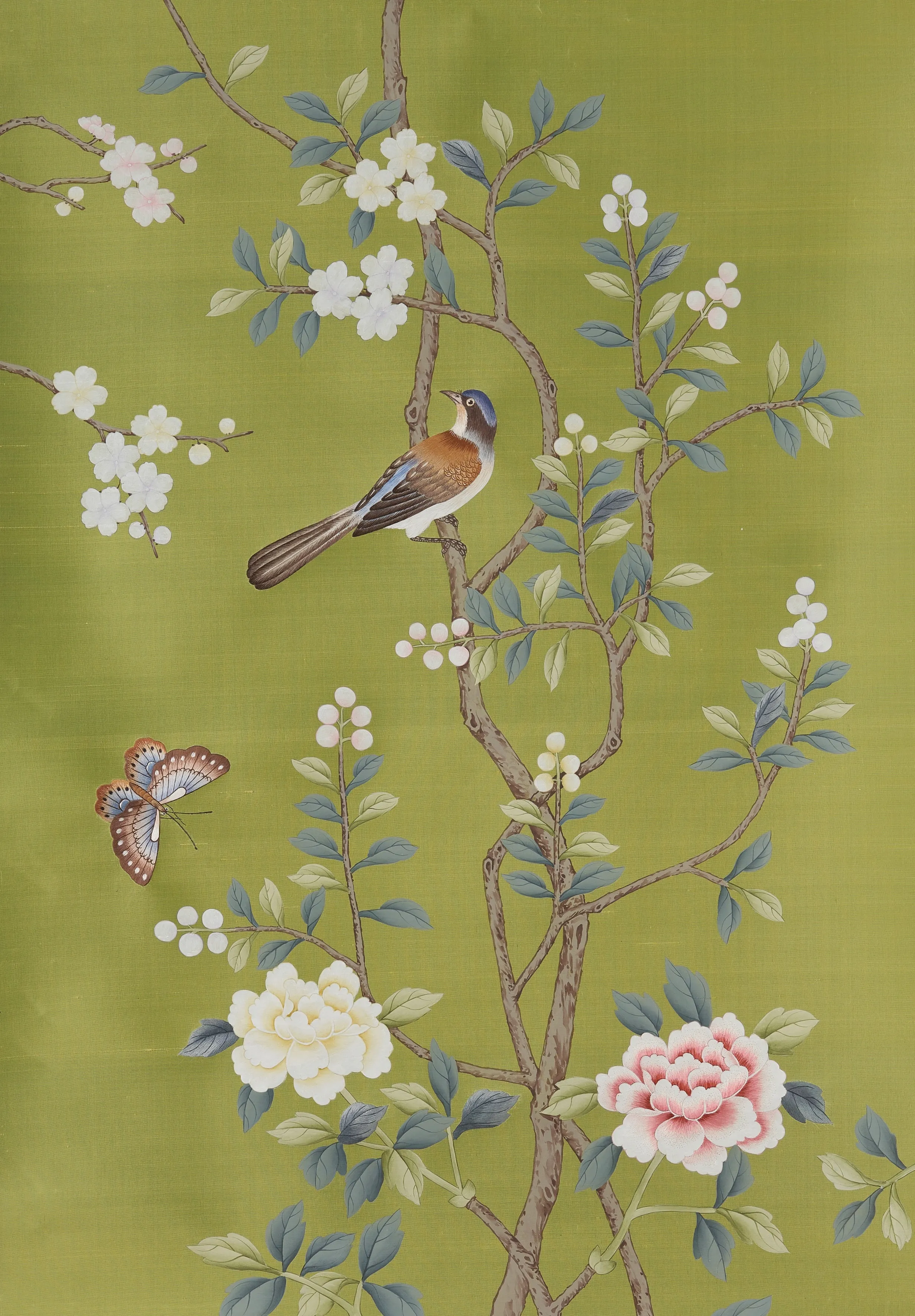 Enchanted Garden Chinoiserie hand-painted wallpaper in Spring by Stang Design.