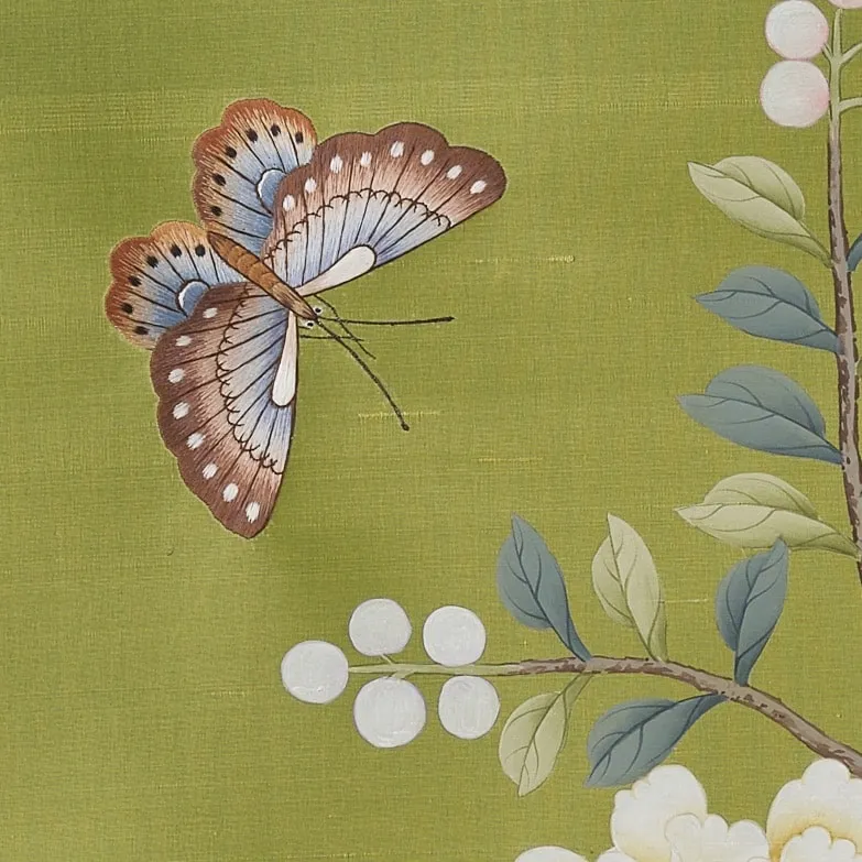Enchanted Garden Chinoiserie hand-painted wallcovering in Spring — delicate peony blooms and embroidered butterflies.