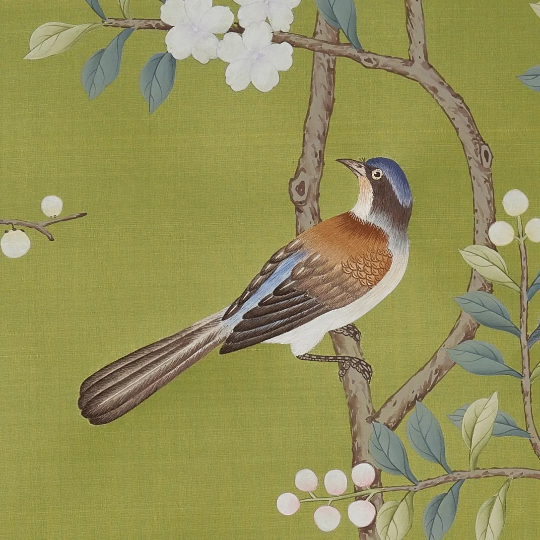 Close-up of Enchanted Garden Chinoiserie hand-painted wallcovering in Spring — intricate silk ground with painted botanical detail by Stang Design.