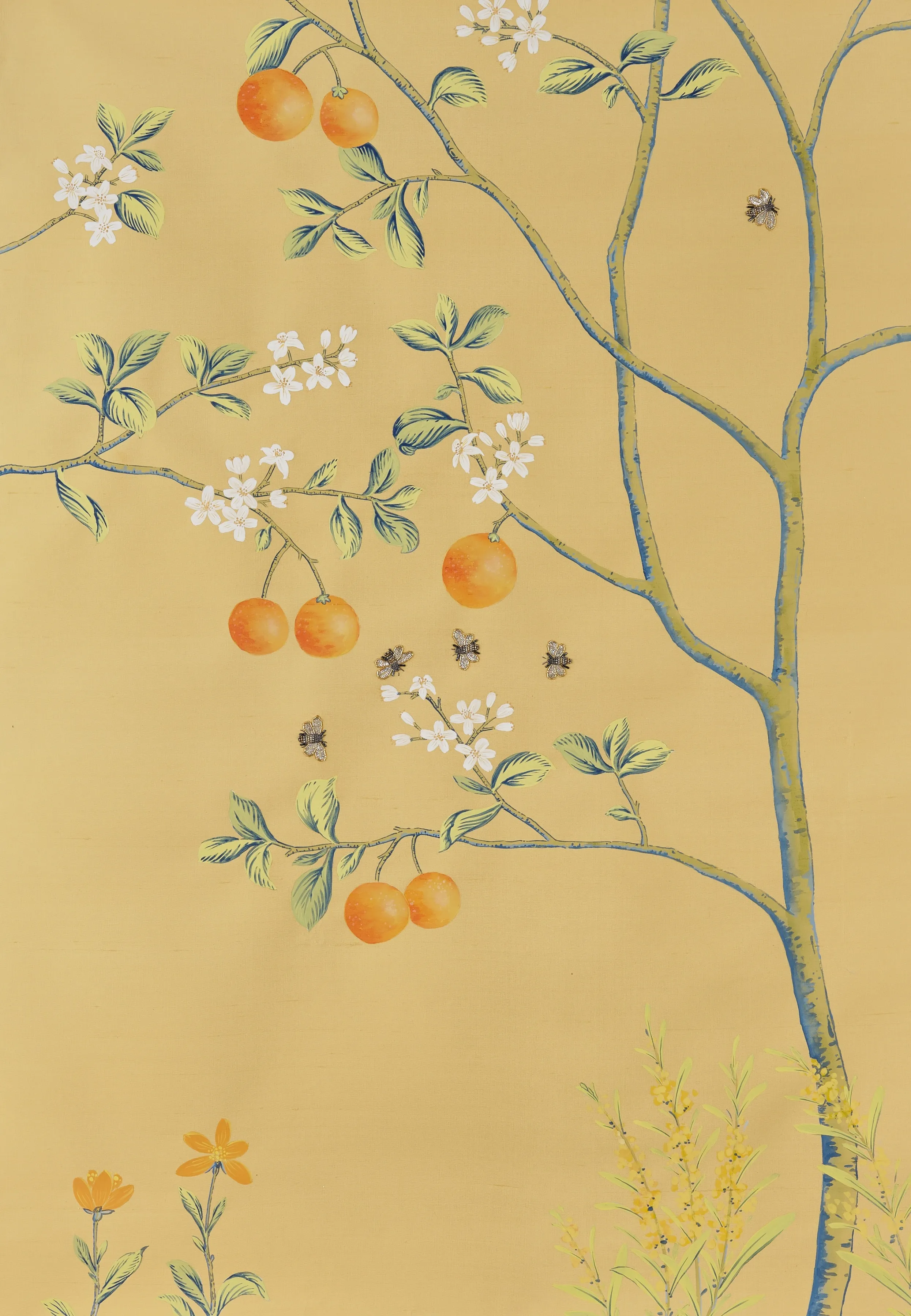 L'Orangerie Chinoiserie hand-painted wallpaper in Maize by Stang Design.