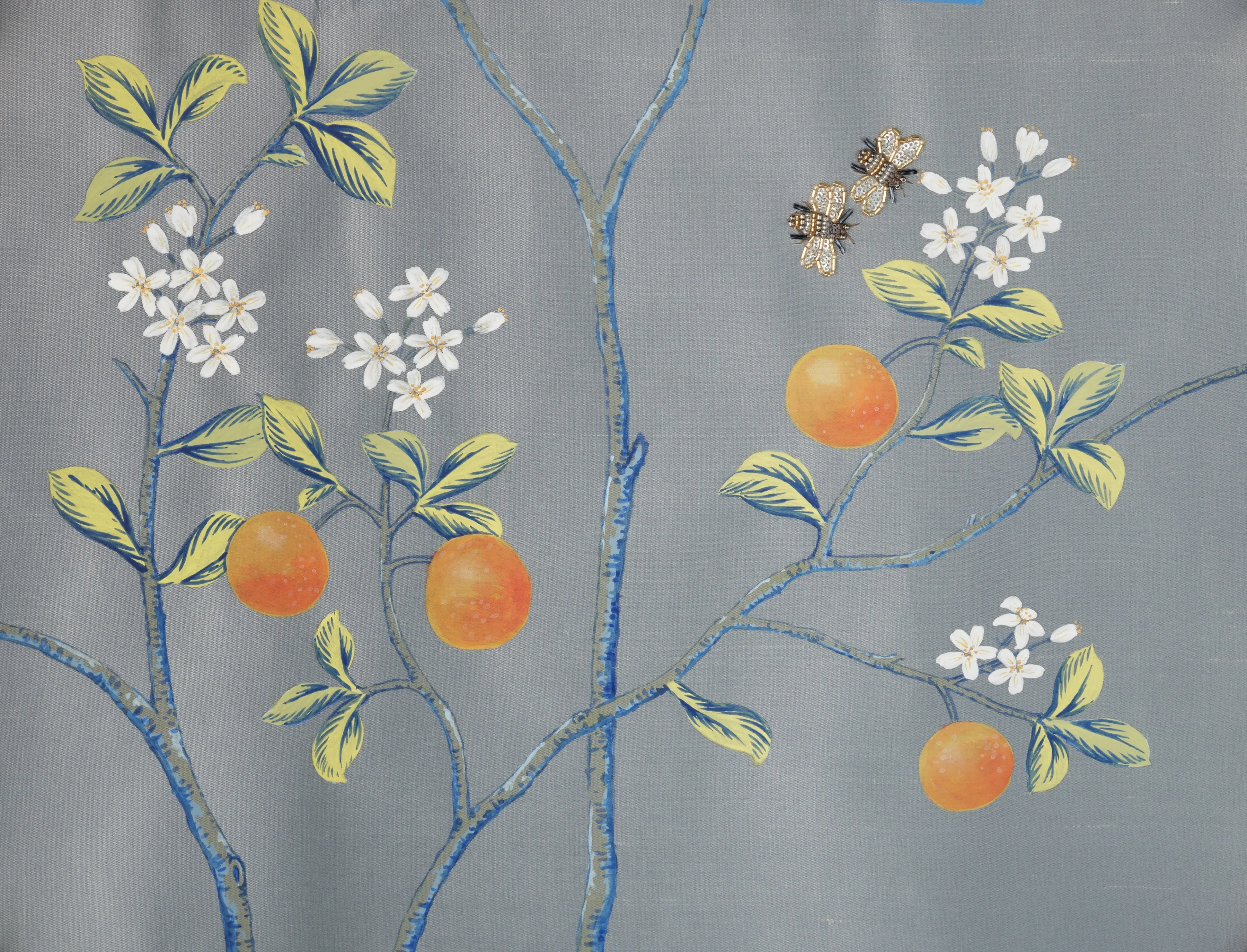 L'Orangerie Chinoiserie hand-painted wallpaper in Provence Blue by Stang Design.