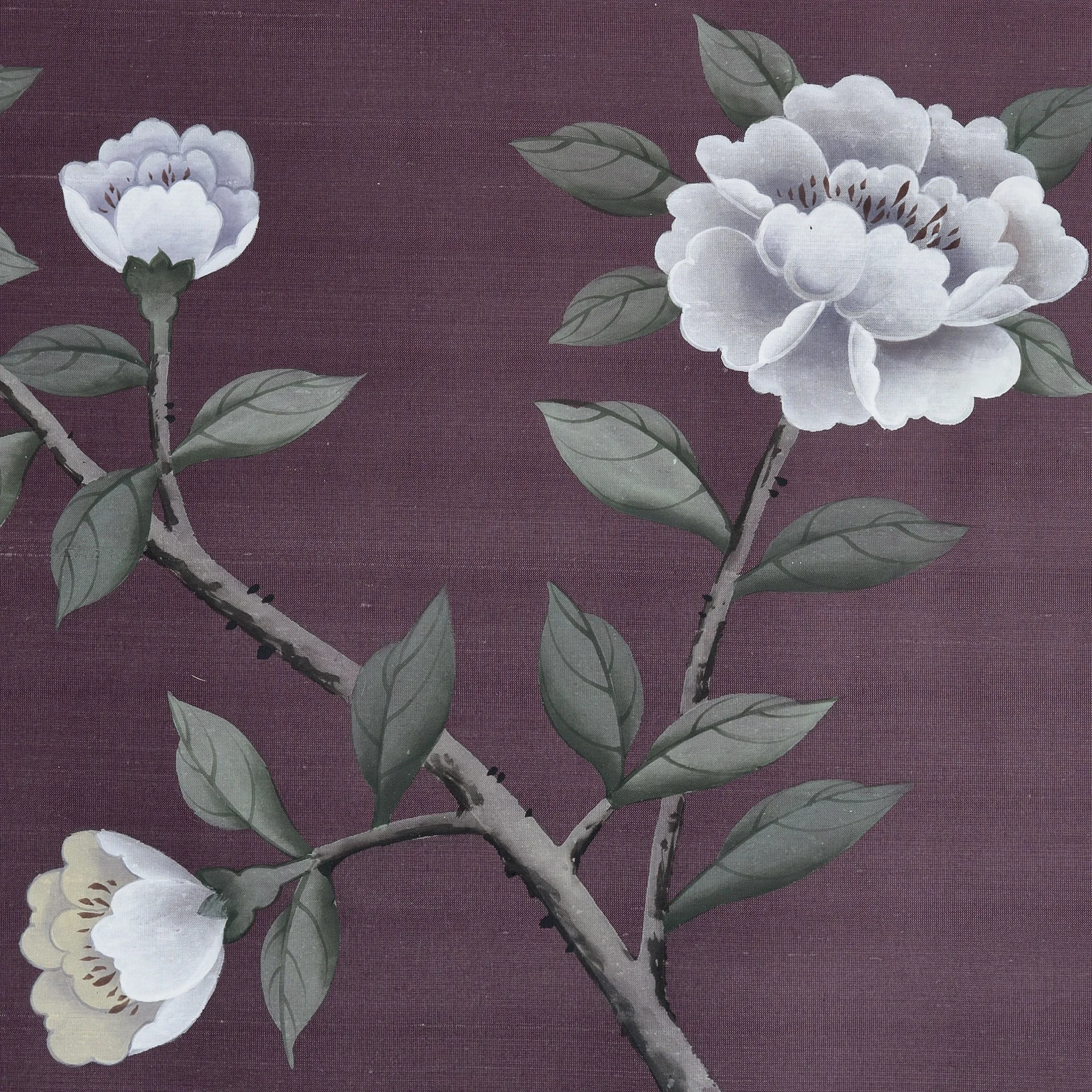 Detail of Paradis Chinoiserie hand-painted wallcovering in Aubergine showing songbirds and leafy fruiting branches in deep plum tones by Stang Design.