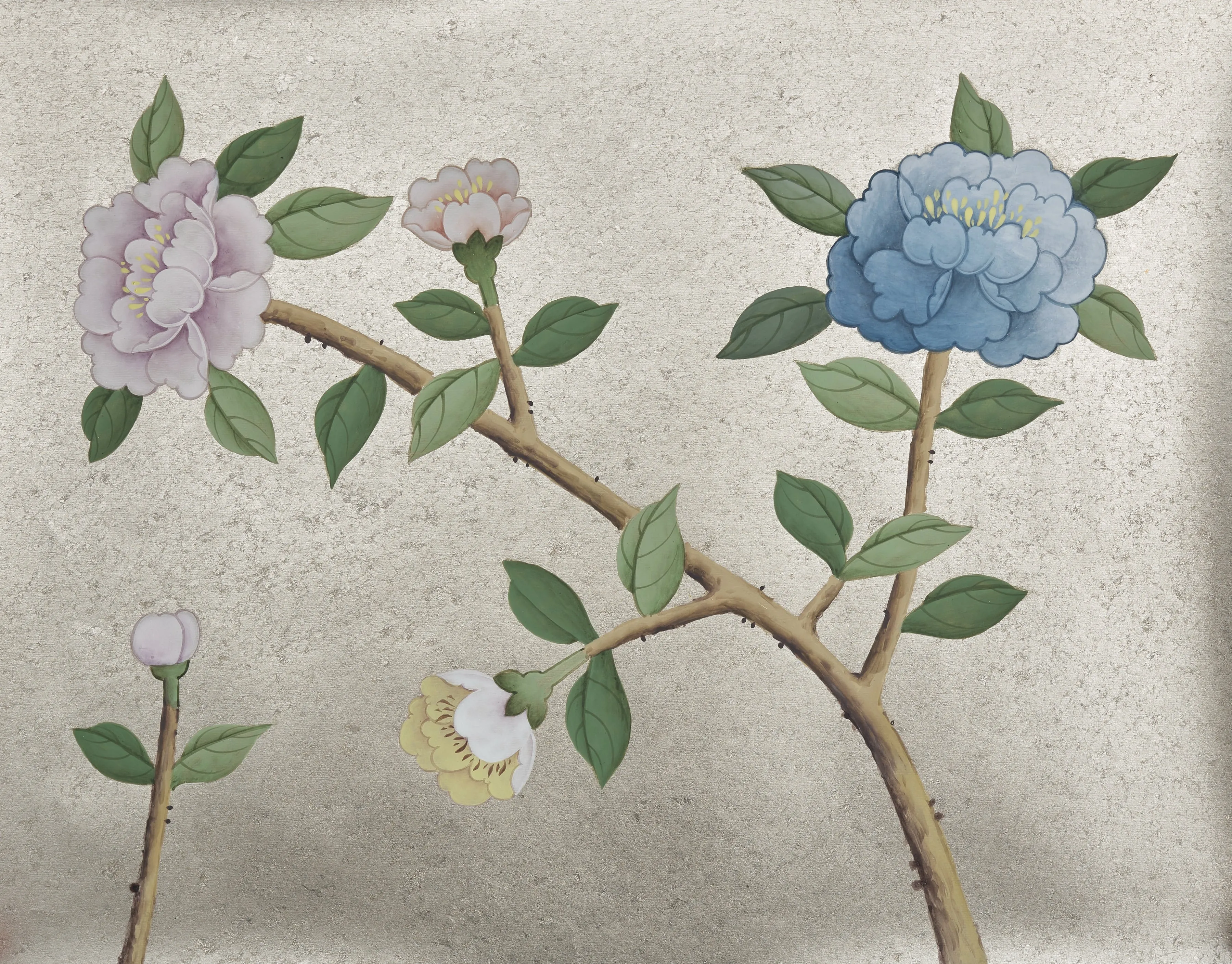 Paradis Chinoiserie hand-painted wallpaper in Champagne Leaf by Stang Design.