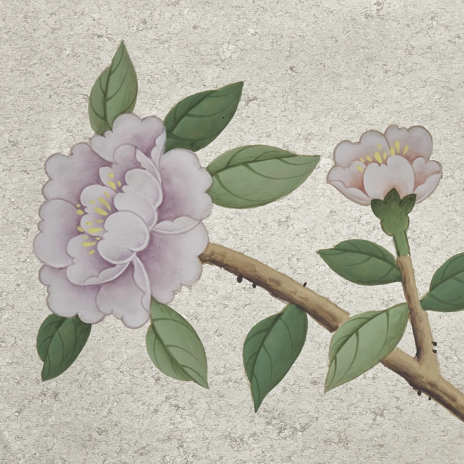 Detail of Paradis Chinoiserie hand-painted wallcovering in Champagne Leaf showing painted peacocks on a luminous gold ground.