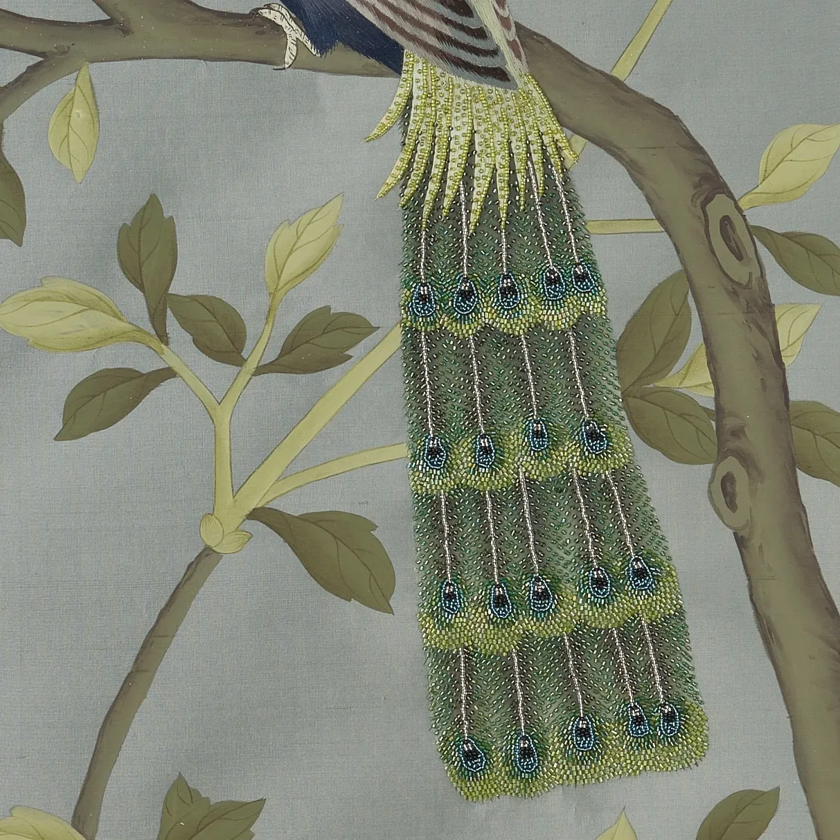 Close-up of Paradis Chinoiserie hand-painted wallcovering in Lagoon — intricate botanical and bird detail inspired by the Qianlong period by Stang Design.