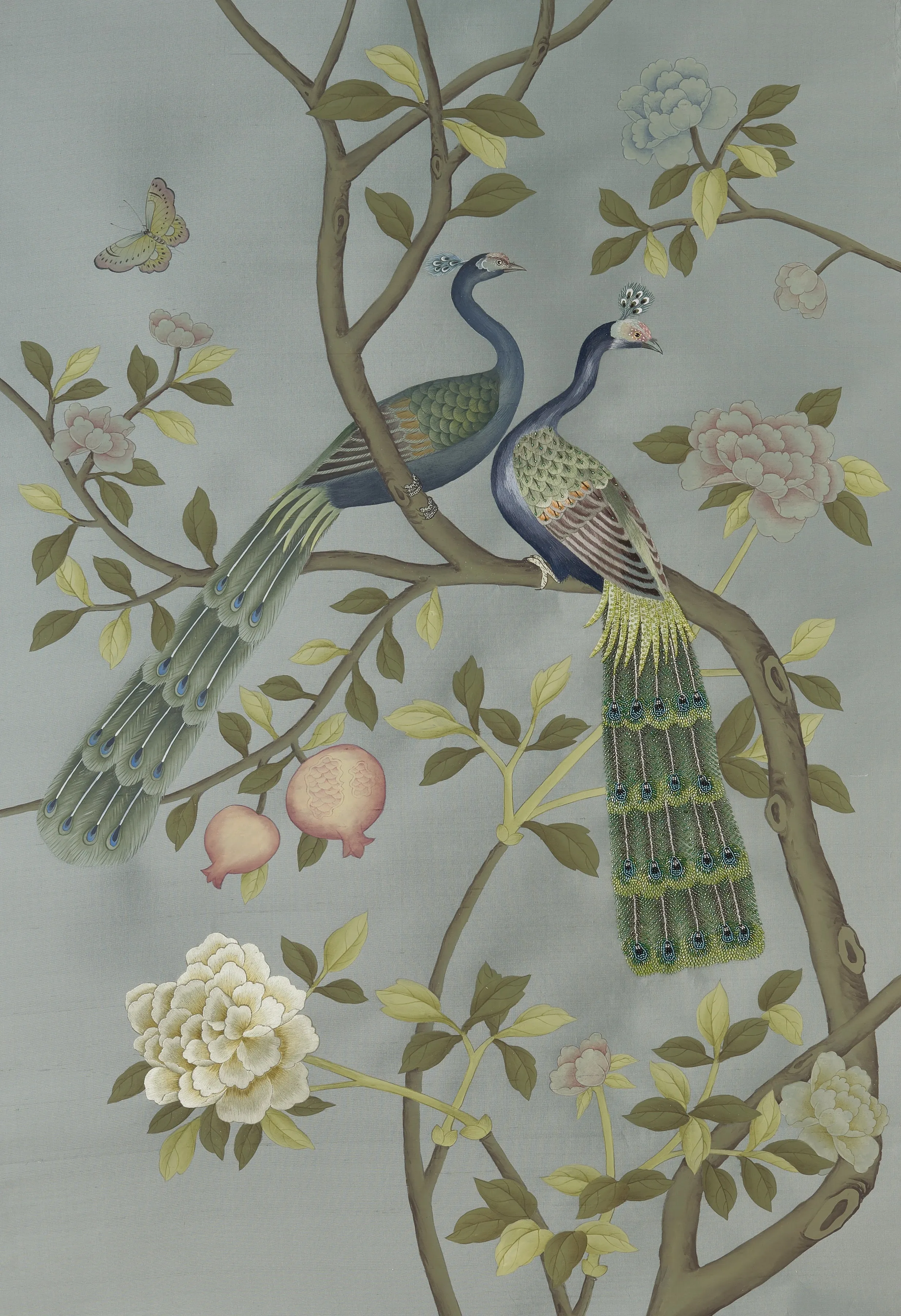 Paradis Chinoiserie hand-painted wallpaper in Lagoon by Stang Design.