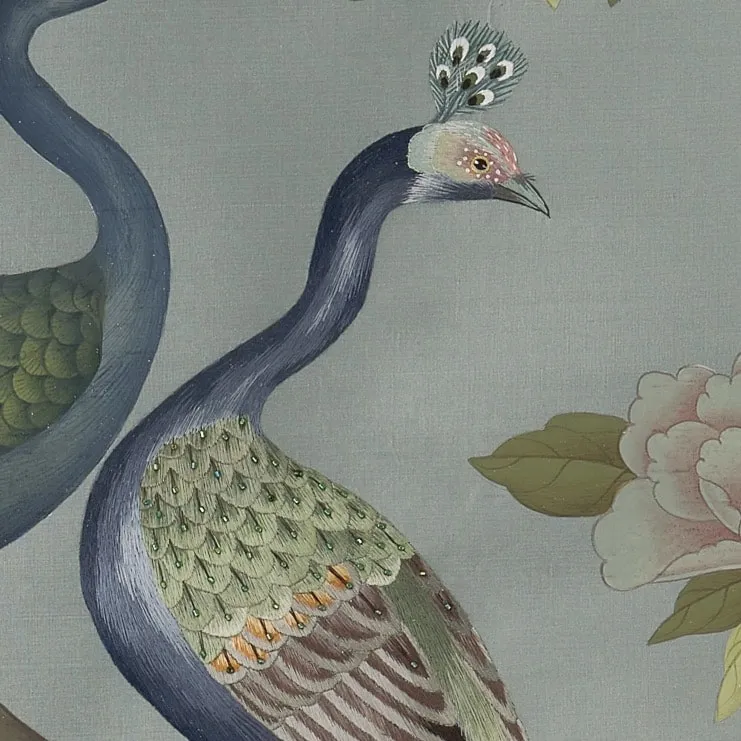 Paradis Chinoiserie hand-painted wallcovering in Lagoon — panoramic scene on a deep blue-green silk ground.