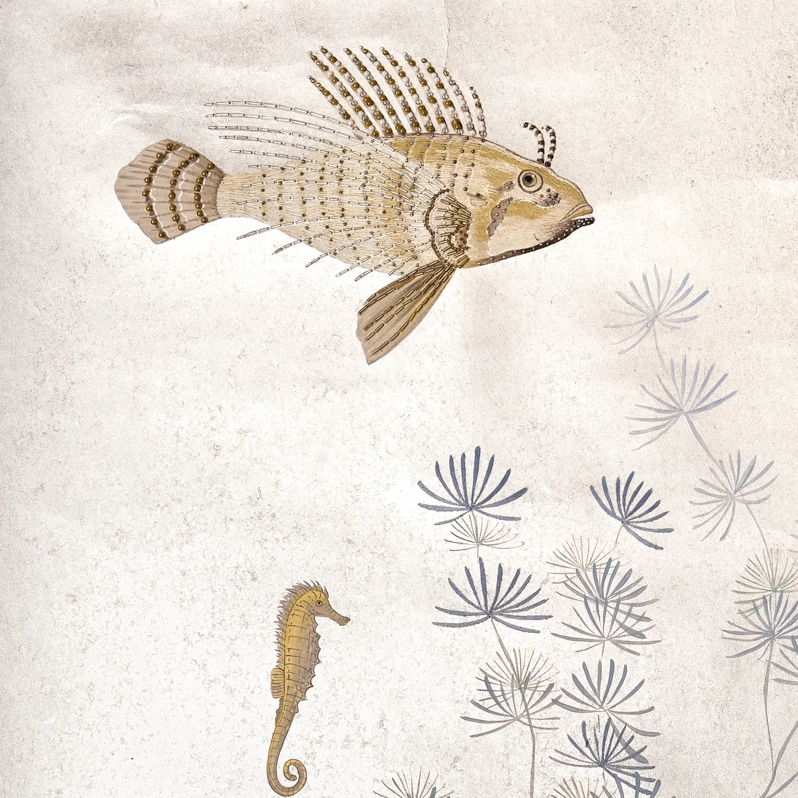 Sea Garden Chinoiserie hand-painted wallcovering in Moonlit Silver — aquatic grasses and coral with beaded glass accents.