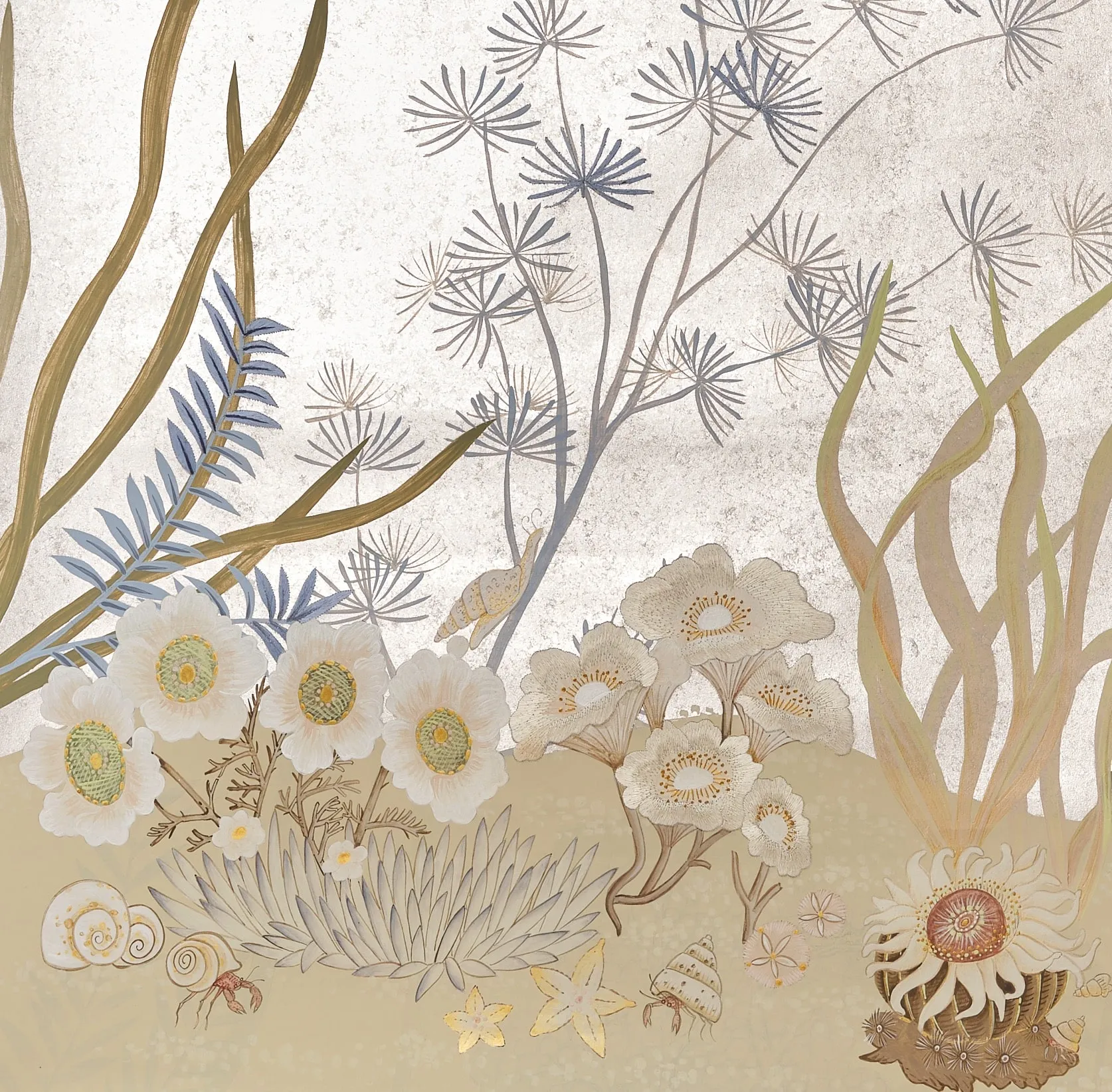 Close-up of Sea Garden Chinoiserie hand-painted wallcovering in Moonlit Silver — intricate embroidery and beadwork on a luminous ground by Stang Design.