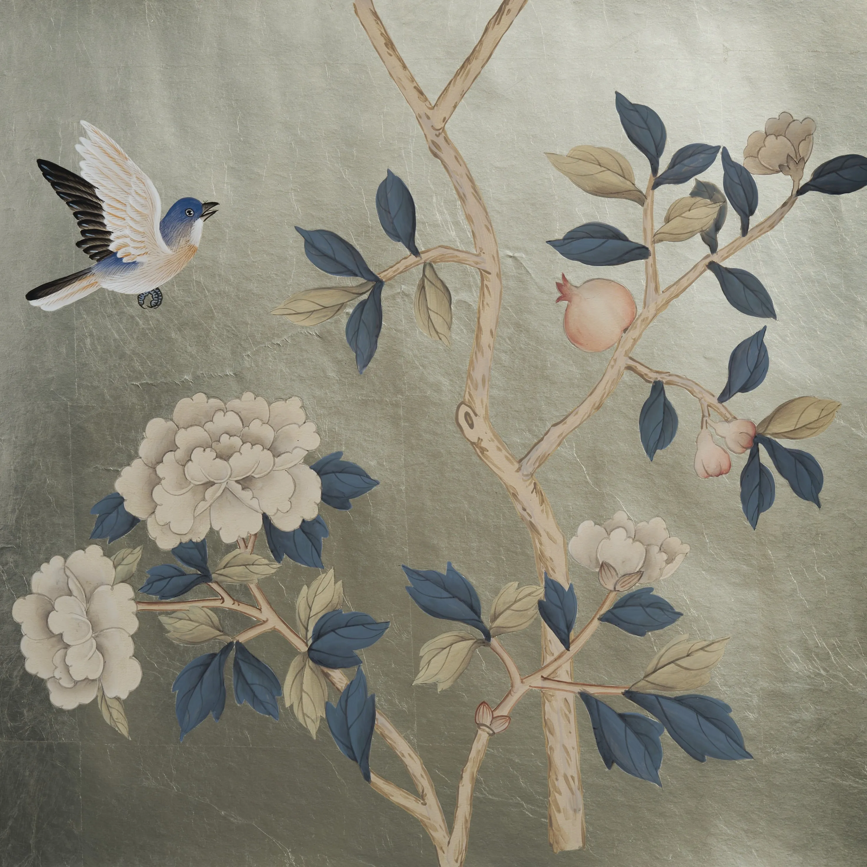 Serendipity Chinoiserie hand-painted wallpaper in Silver Leaf Squares by Stang Design.