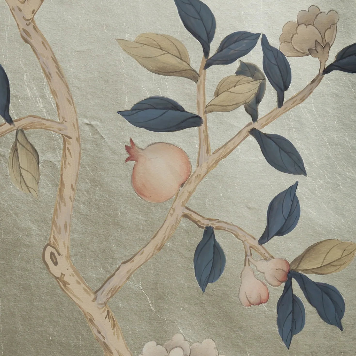Close-up of Serendipity Chinoiserie hand-painted wallpaper in Silver Leaf Squares by Stang Design.