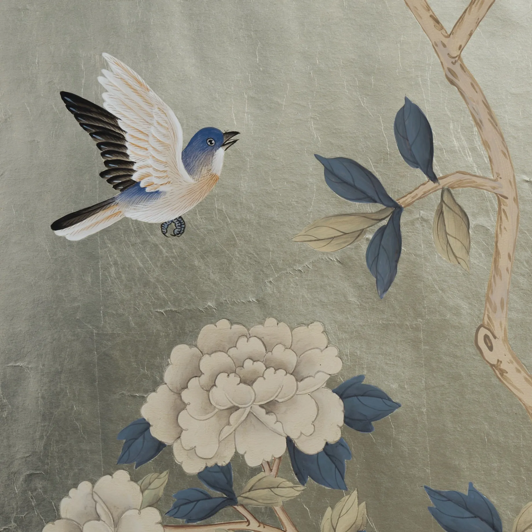 Close-up of Serendipity Chinoiserie hand-painted wallcovering in Silver Leaf Squares — botanical motifs on a metallic gilded ground by Stang Design.