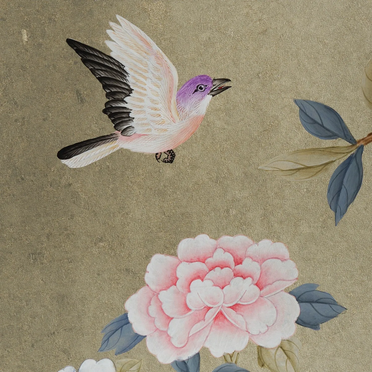 Detail of Serendipity Chinoiserie hand-painted wallcovering in Silver Birch showing soft neutral botanical motifs on silk by Stang Design.