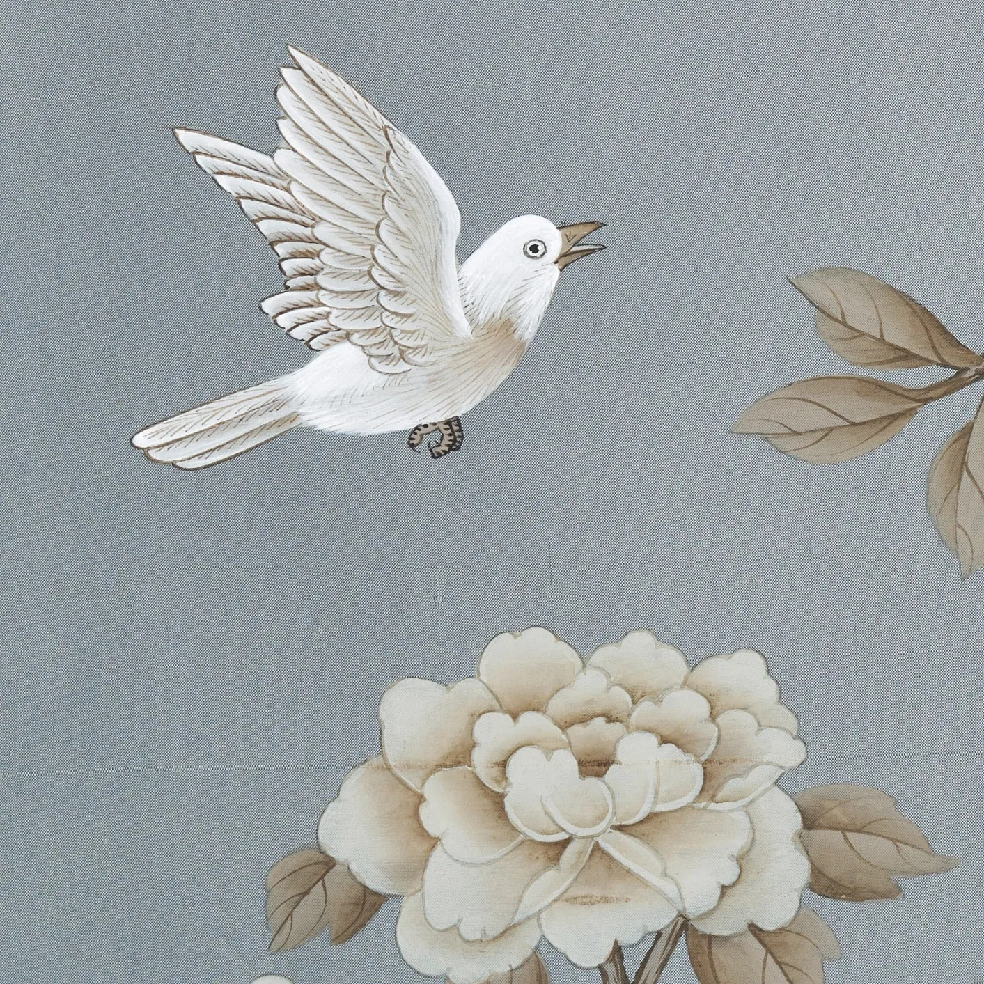 Serendipity Chinoiserie hand-painted wallcovering in Provence Blue, featuring an open botanical composition hand-painted on silk by Stang Design.