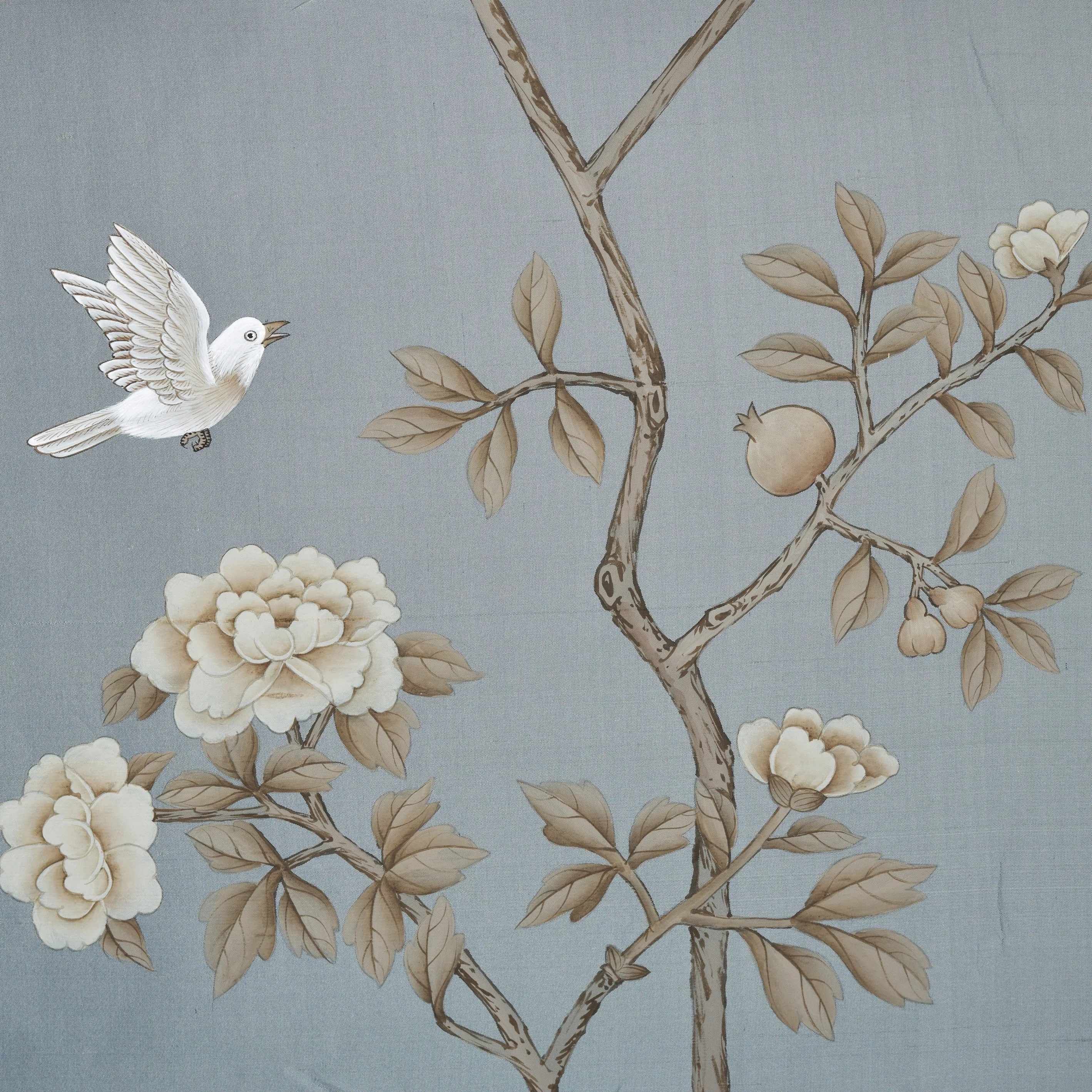 Serendipity Chinoiserie hand-painted wallpaper in Provence Blue by Stang Design.