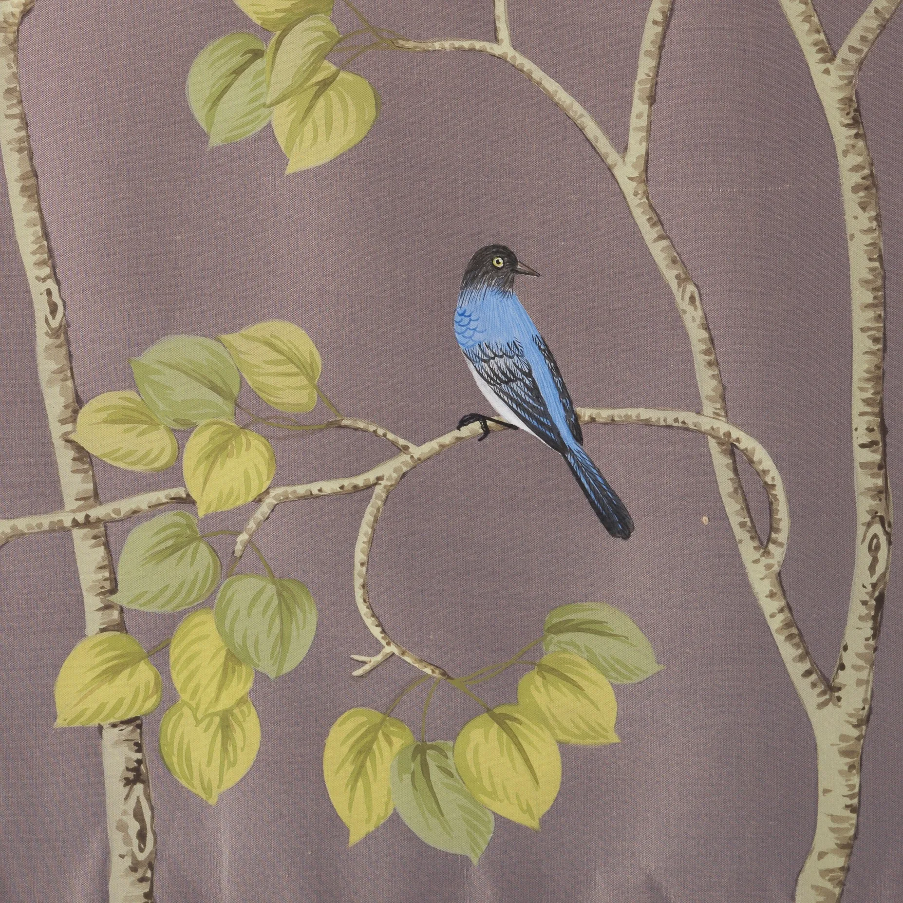 Detail of Sierra Summer Chinoiserie hand-painted wallcovering in Dusk showing quaking aspen groves in warm amber tones by Stang Design.