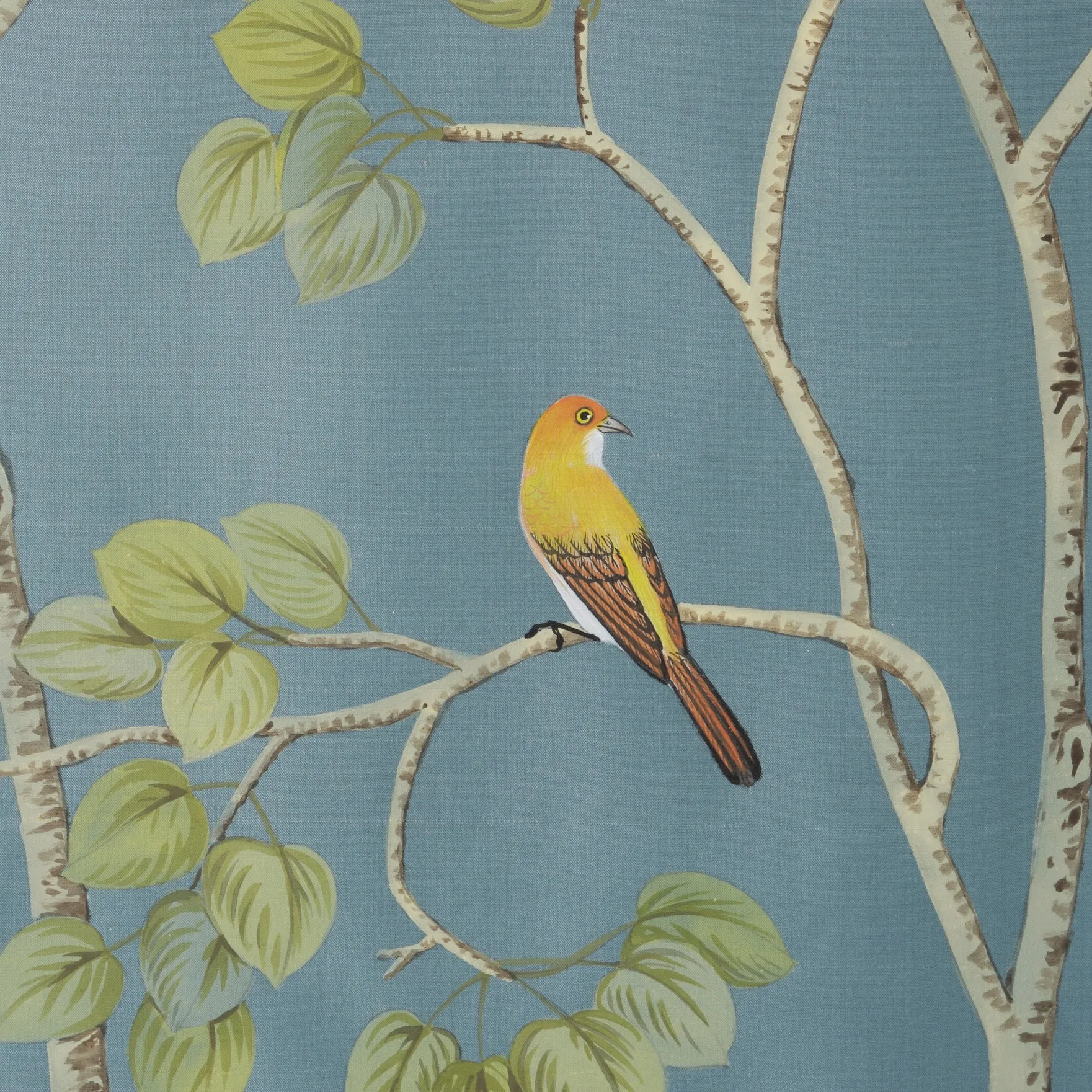 Sierra Summer Chinoiserie hand-painted wallcovering in Lake, featuring California wildflowers in cool blue tones on silk by Stang Design.