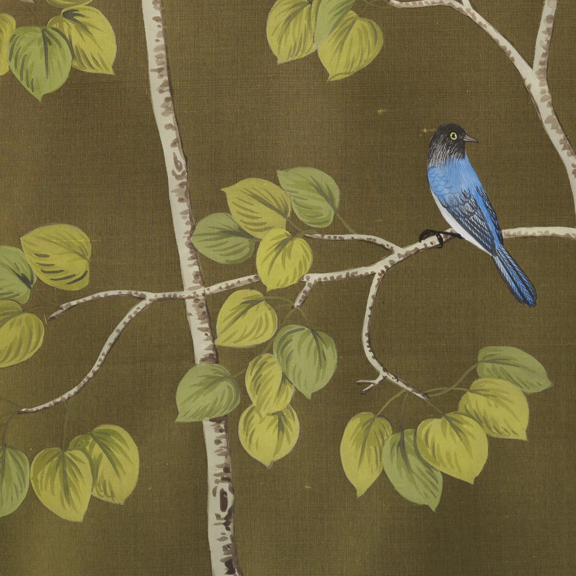 Detail of Sierra Summer Chinoiserie hand-painted wallcovering in Pine showing Steller's jays and western tanagers among quaking aspens by Stang Design.