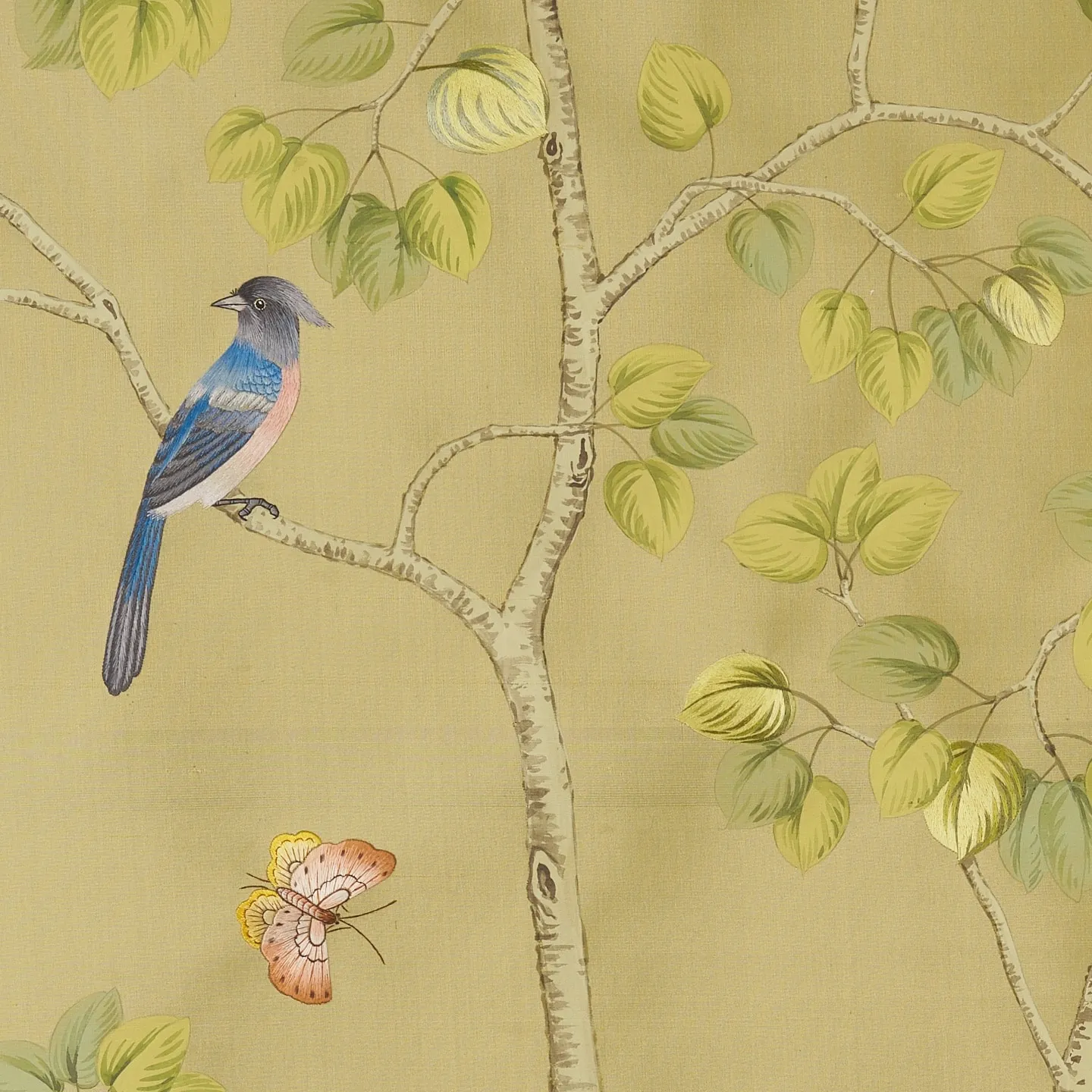 Close-up of Sierra Summer Chinoiserie hand-painted wallcovering in Green Tea — full alpine meadow scene in fresh green tones by Stang Design.