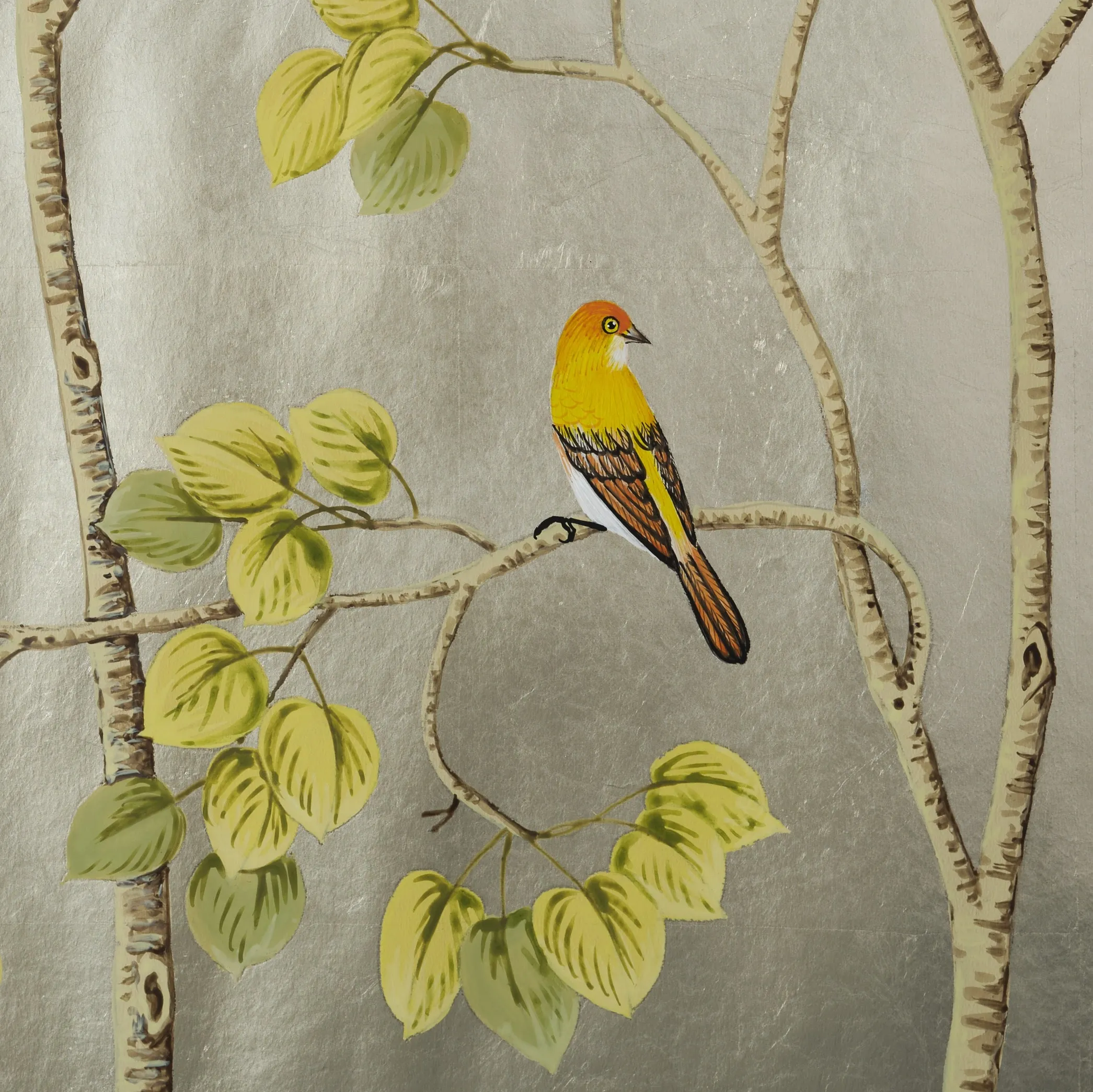 Close-up of Sierra Summer Chinoiserie hand-painted wallcovering in Silver Leaf — painted aspen groves on a metallic silver ground by Stang Design.