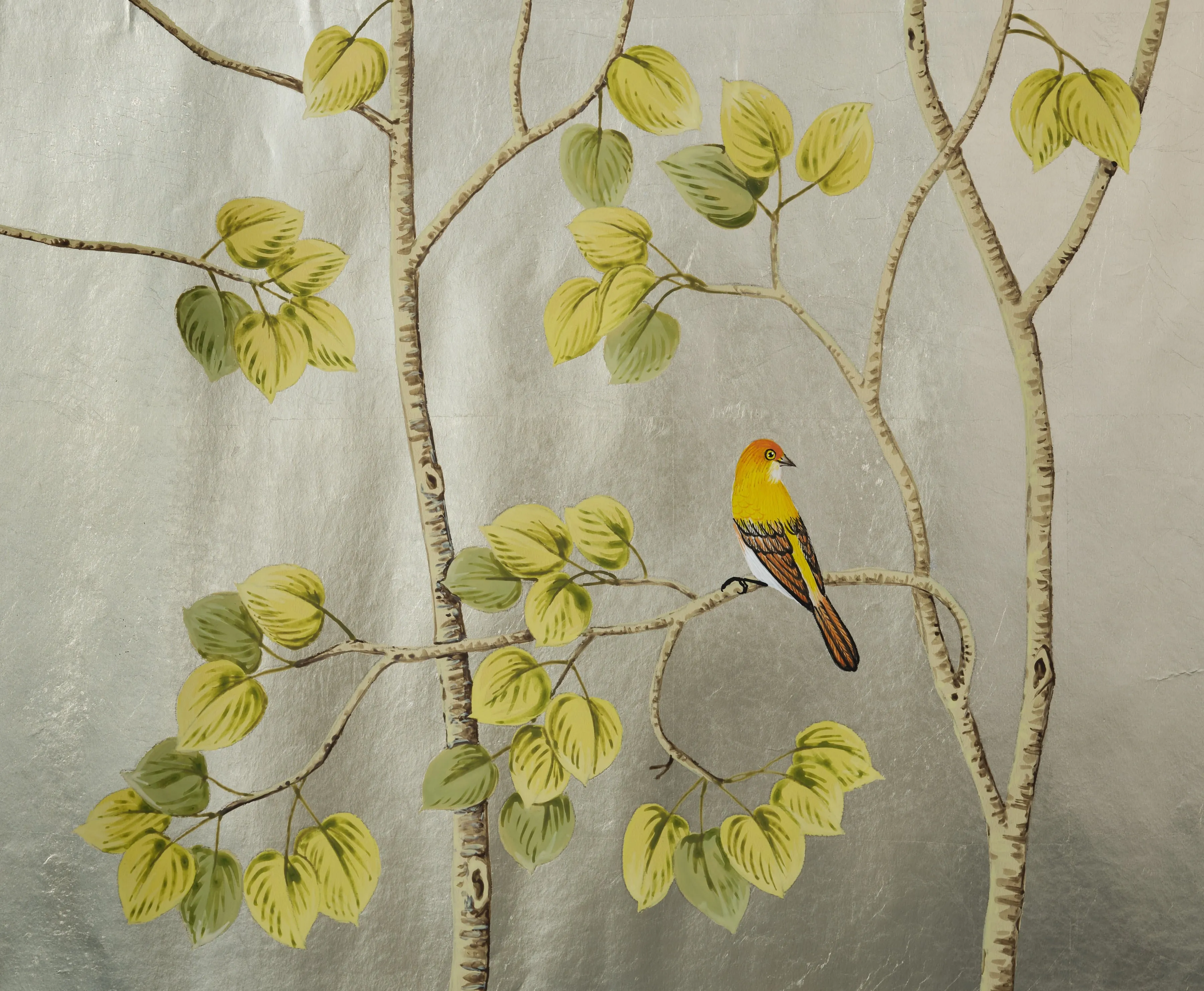 Sierra Summer Chinoiserie hand-painted wallpaper in Silver Leaf by Stang Design.