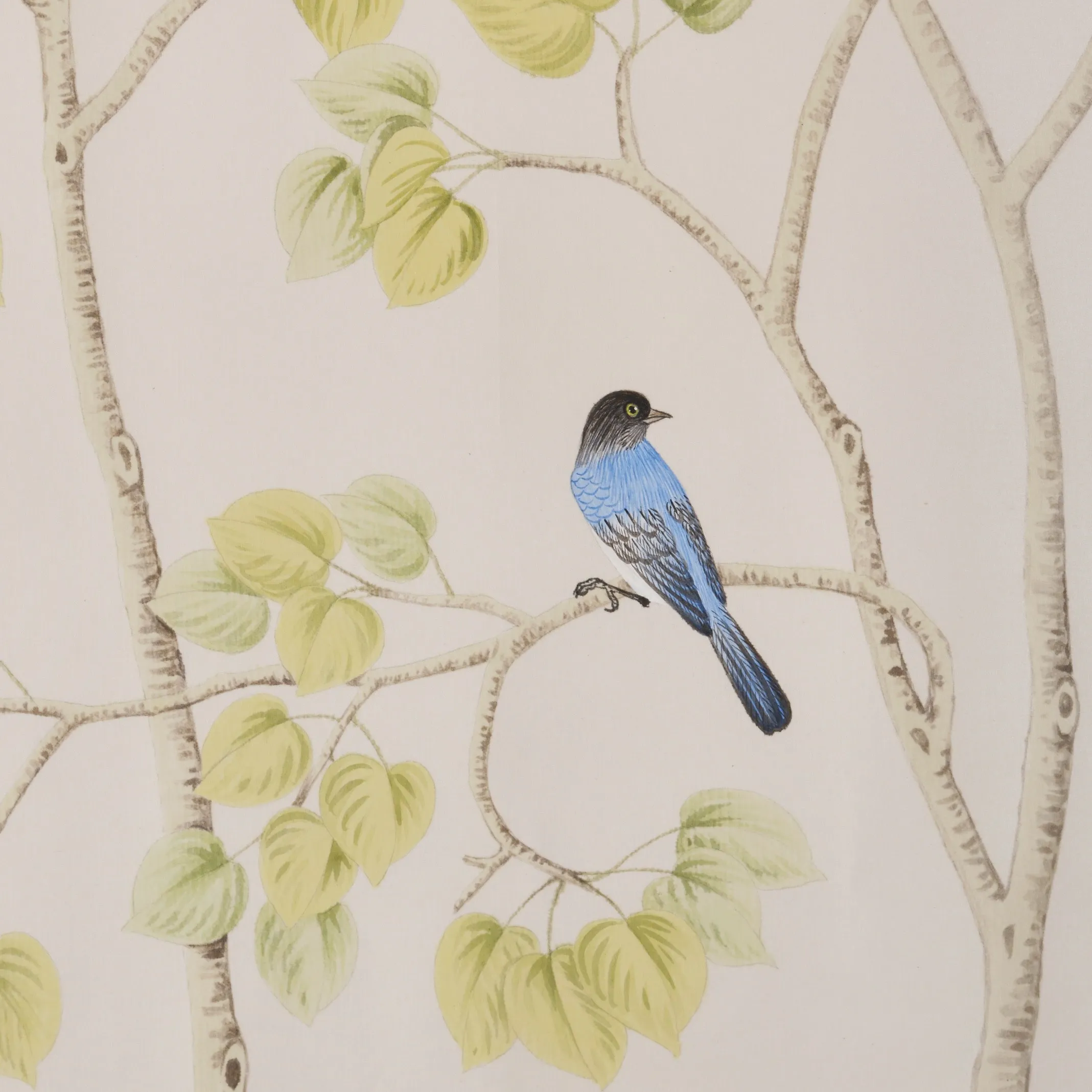 Detail of Sierra Summer Chinoiserie hand-painted wallcovering in Snowflake showing quaking aspens and wildflowers on a crisp white ground.