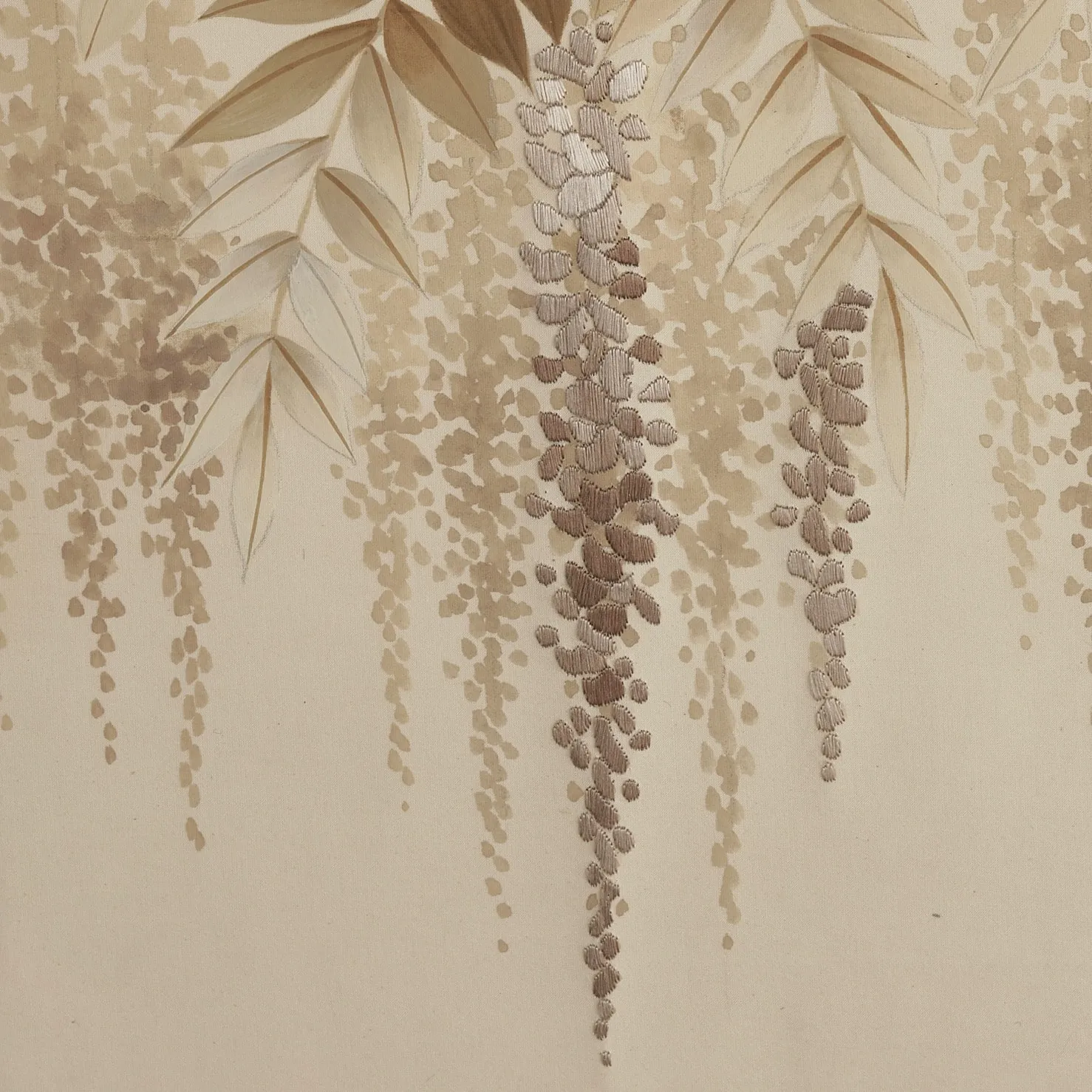 Close-up of Wisteria Vines Chinoiserie hand-painted wallcovering in Opalescent — embroidered butterfly detail on a luminous ground by Stang Design.