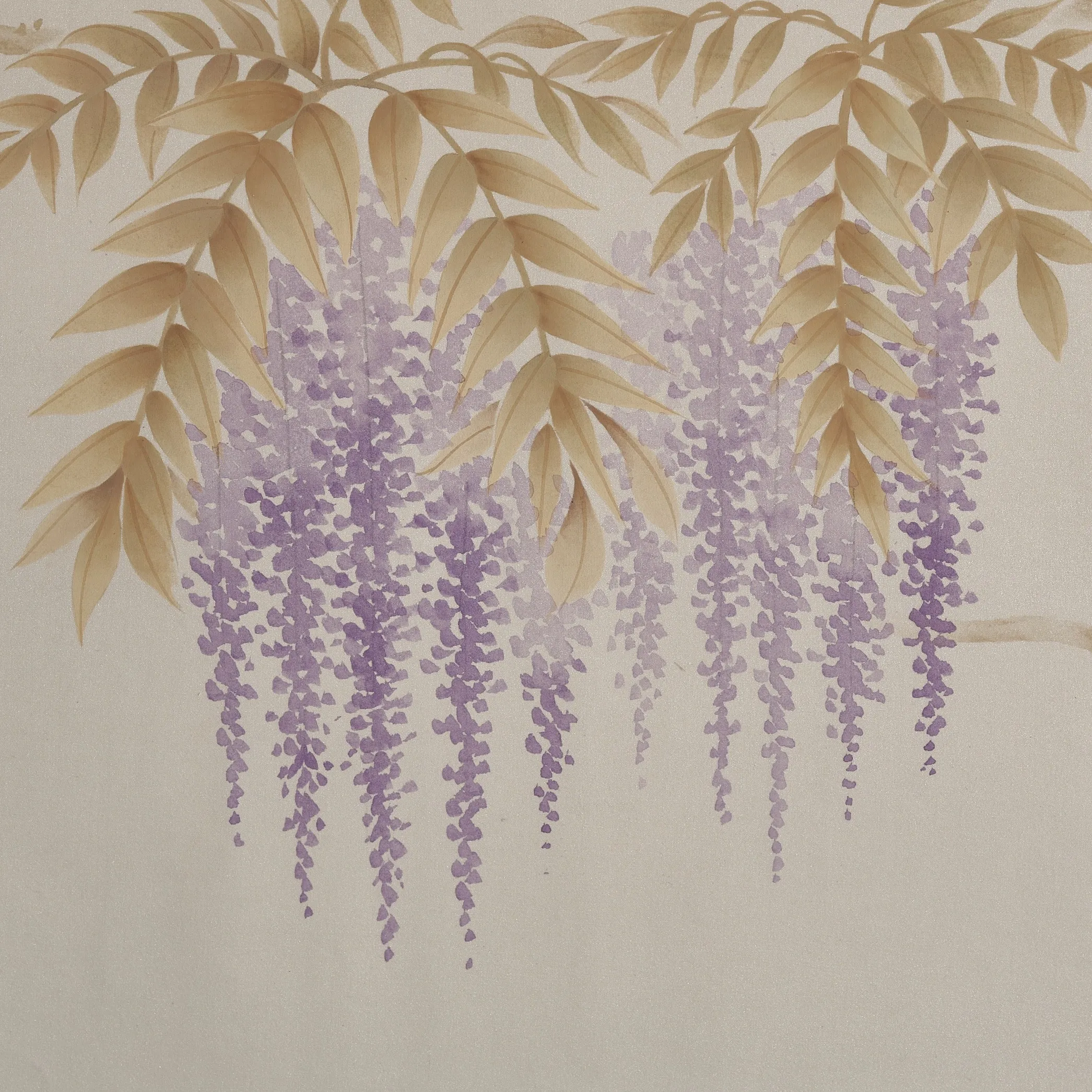 Wisteria Vines Chinoiserie hand-painted wallcovering in Silvermist — gnarled vines with pendant blossom clusters on a silver-mist ground by Stang Design.