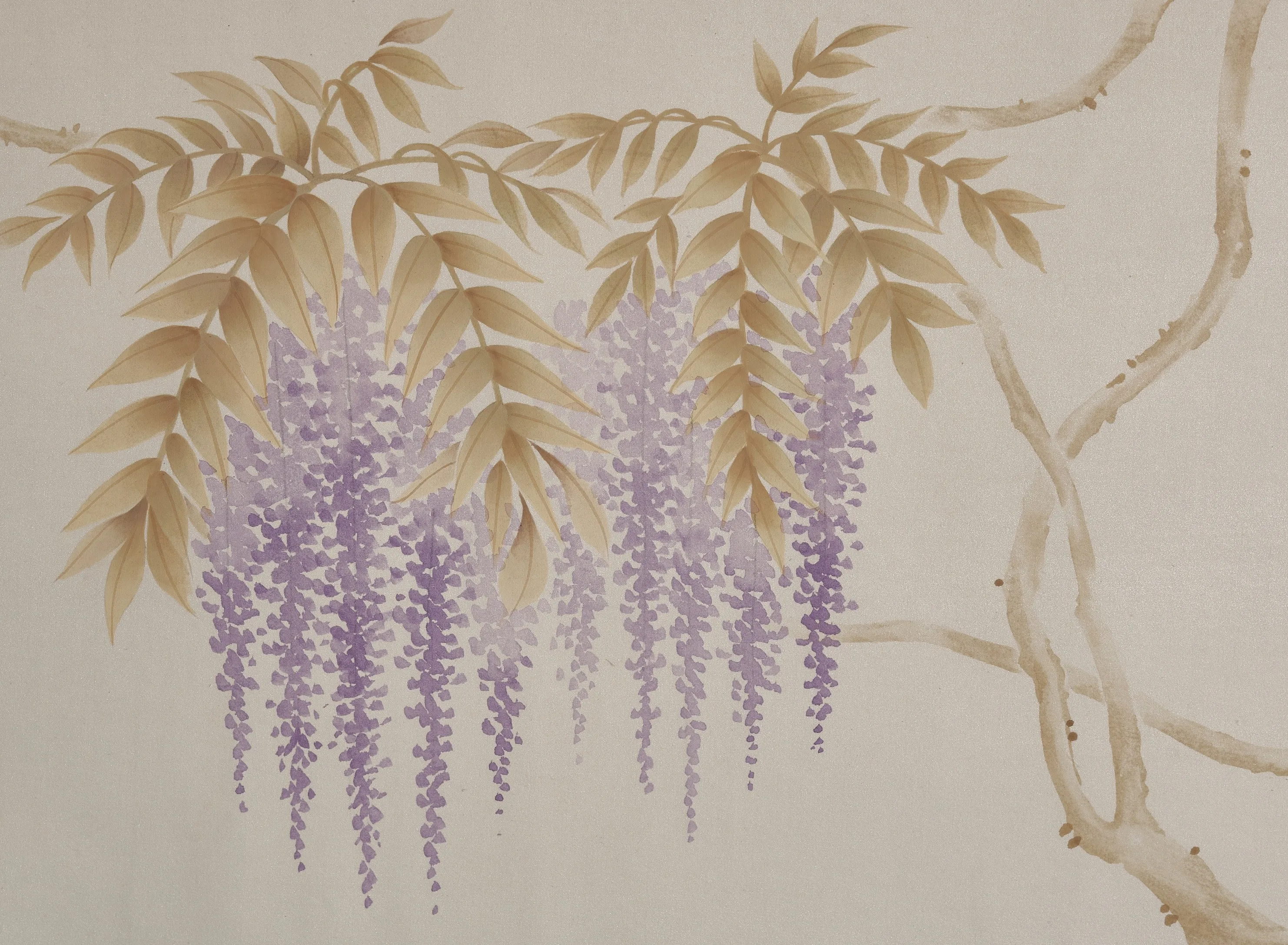 Detail of Wisteria Vines Chinoiserie hand-painted wallcovering in Silvermist showing cascading lavender blooms and embroidered butterflies.