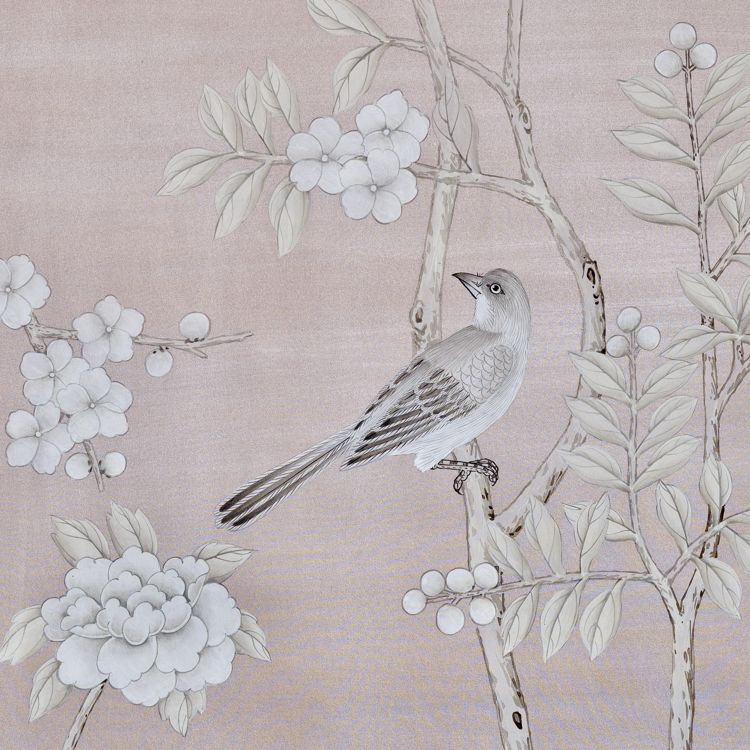 Enchanted Garden Chinoiserie hand-painted wallcovering in Shimmering Blush — birds and blooms on a soft rose silk ground.