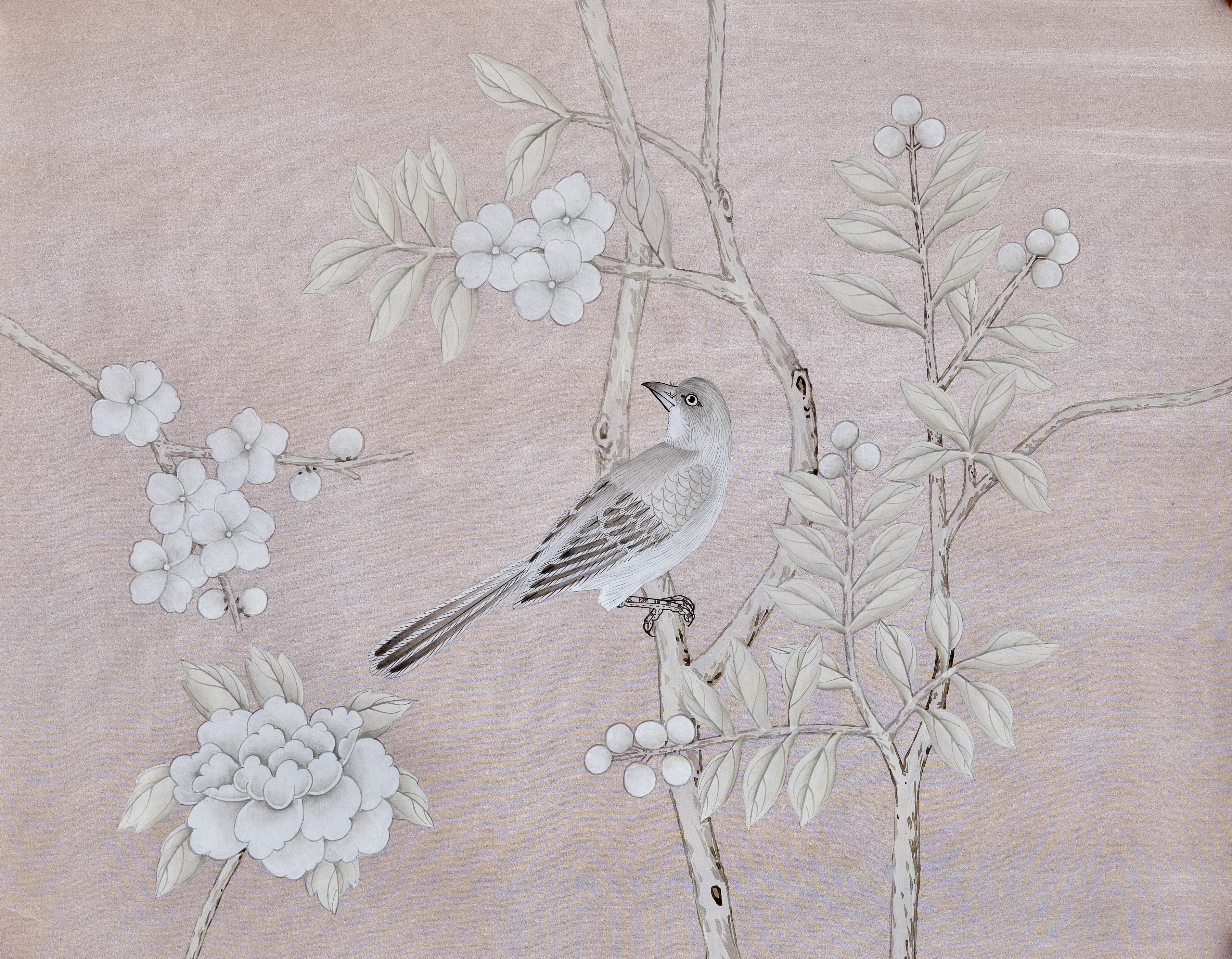 Enchanted Garden Chinoiserie hand-painted wallpaper in Shimmering Blush by Stang Design.