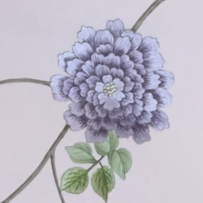 Detail of Caprice Chinoiserie hand-painted wallcovering in Petal showing hand-painted flower detail in soft petal tones by Stang Design.