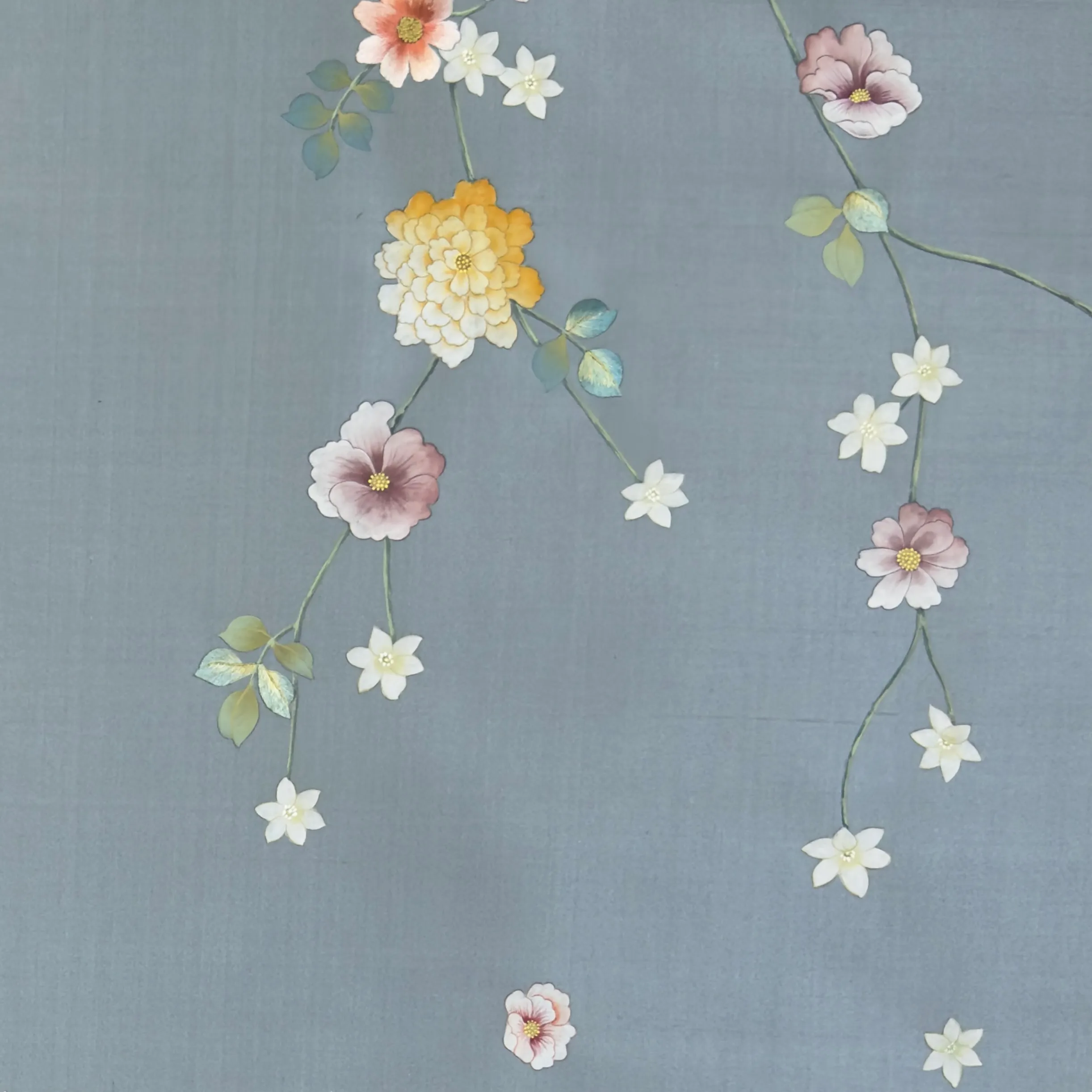 Caprice Chinoiserie hand-painted wallcovering in Provence — petals drifting downward in a gentle cascade on a soft blue-toned ground by Stang Design.